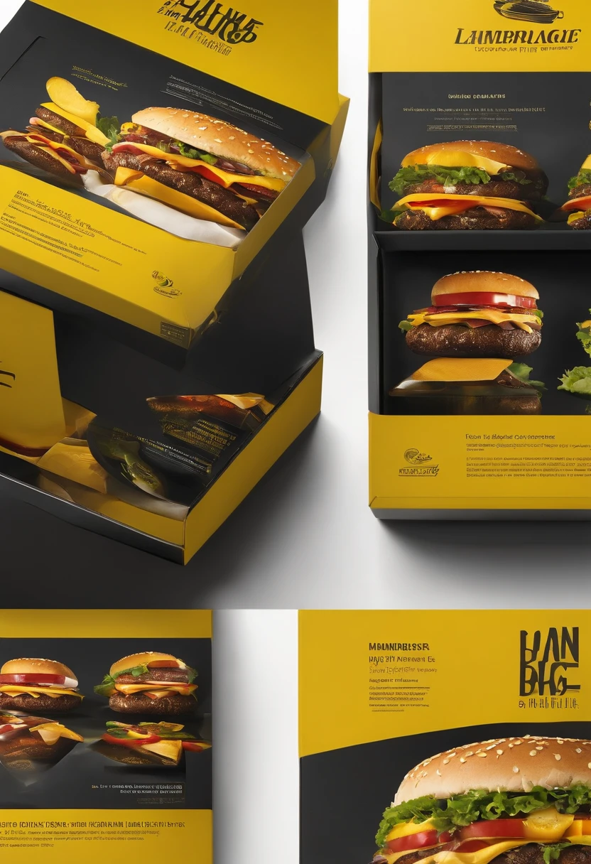 Design packaging like a box for a hamburger, el empaque de la hamburguesa debe tener los colores amarillo y negro, It must also be creative, innovadora y llamativo.