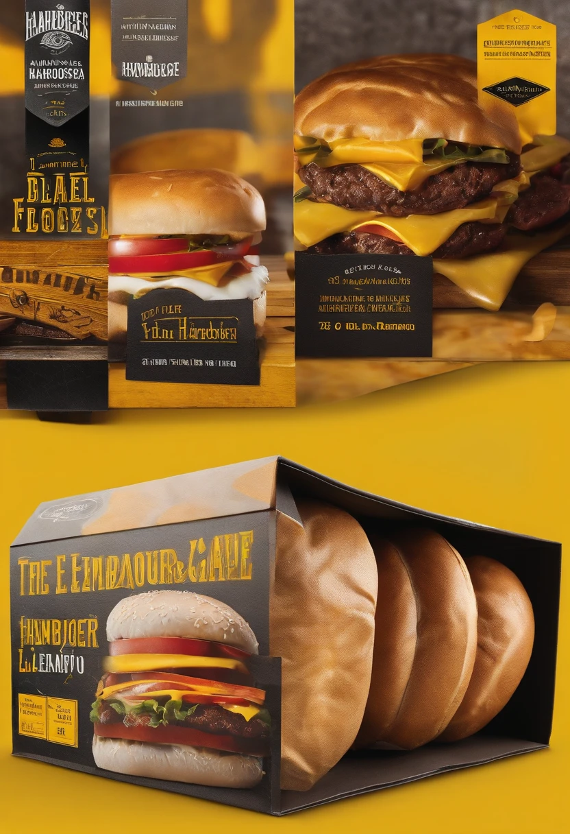 Design packaging like a box for a hamburger, el empaque de la hamburguesa debe tener los colores amarillo y negro, It must also be creative, innovadora y llamativo.