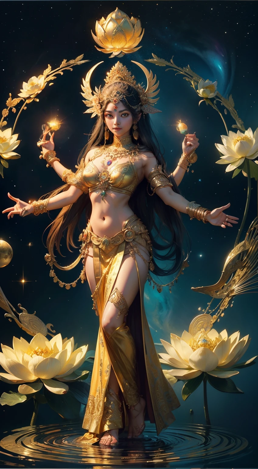 (masterpiece:1.3),(top-quality),( 8K, 4K), (Intricate details),reallistic,Hindu goddesses、Lakshmi、Stand on a lotus flower、she Has 4 arms、Bring water lilies, she has cosmic multiple eyes. Full body, dynamic pose, bright lights, cosmic serenity. Multiple arms, third eyes, comic awareness.