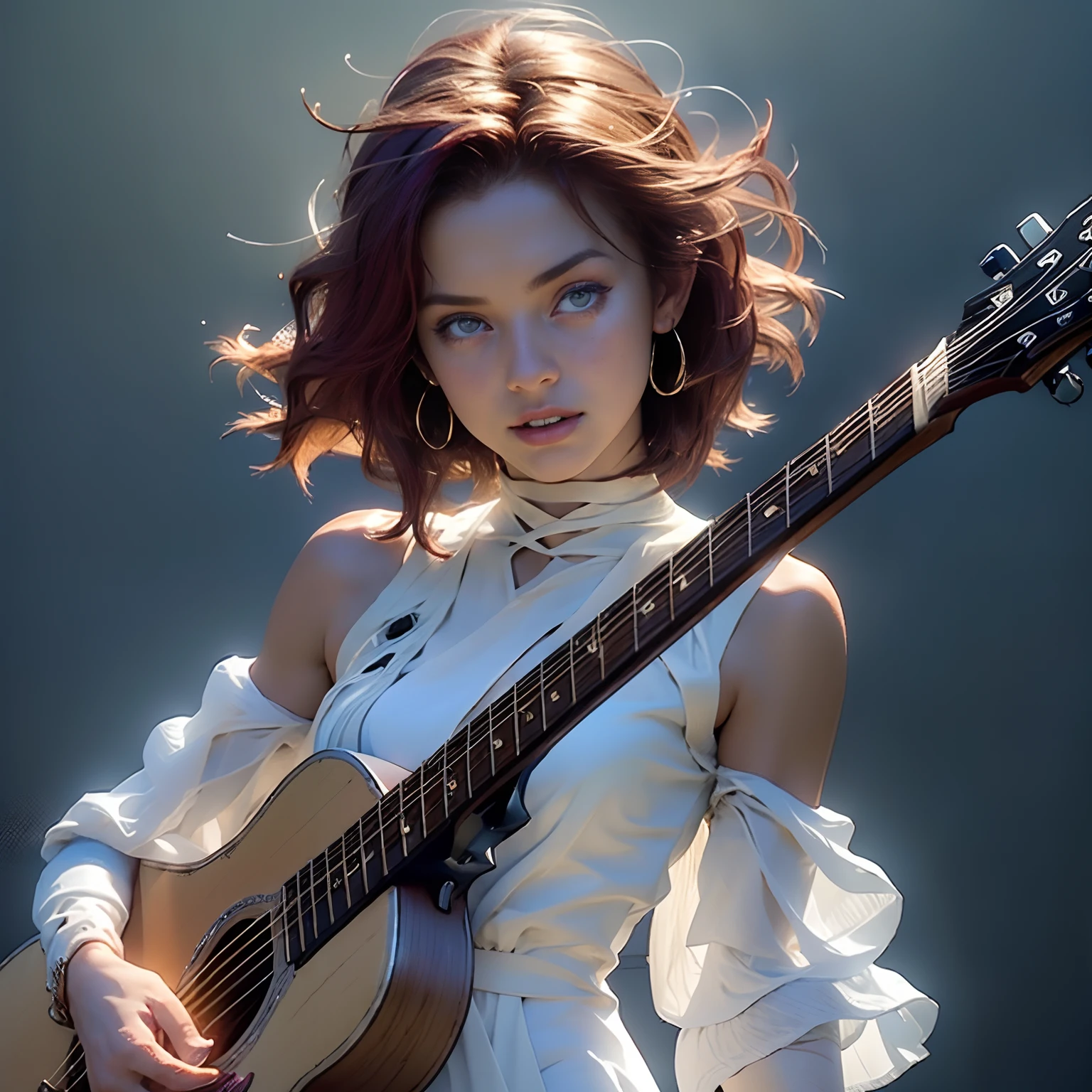 Extremely detailed, Ultra-detailed, Realistic, In a dark live music club, Cowboy Shot, Various lighting effects used in live concerts, 17 years old girl, guitarrist, electric guitar, Wearing a white dress that transmits light, With an enthusiastic look, looking distantly, Ultra-detailed face and blue eyes, Beautiful face, Beautiful skin, Ecstatic expression, Red hair, Short hair, Wavy Hair, flat chest, Basking in the light from behind, Lens Flare, Generate images with the movement of the subject captured in the scene.