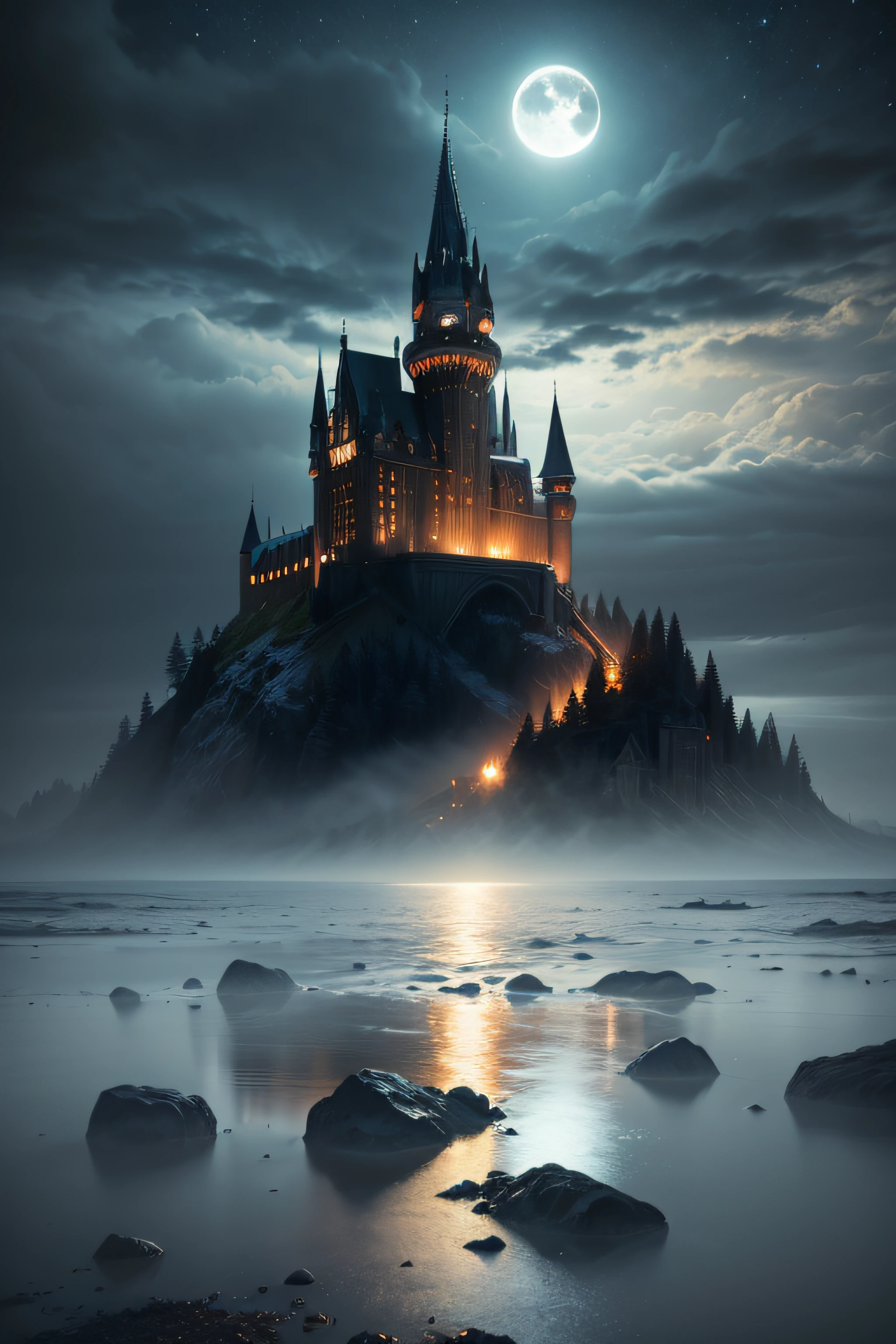 (Best quality,4K,8k,high resolucion,Masterpiece:1.2),Ultra-detailed,(Realstic,photoreallistic,photo-realistic:1.37),dark and strange atmosphere,Imposing and majestic Hogwarts Castle,Threatening shadows and flickering lights,Scary and mysterious lake shrouded in fog,Distant mountains shrouded in darkness,Glittering stars scattered across the night sky,Clouds lit by the moon adding a strange atmosphere