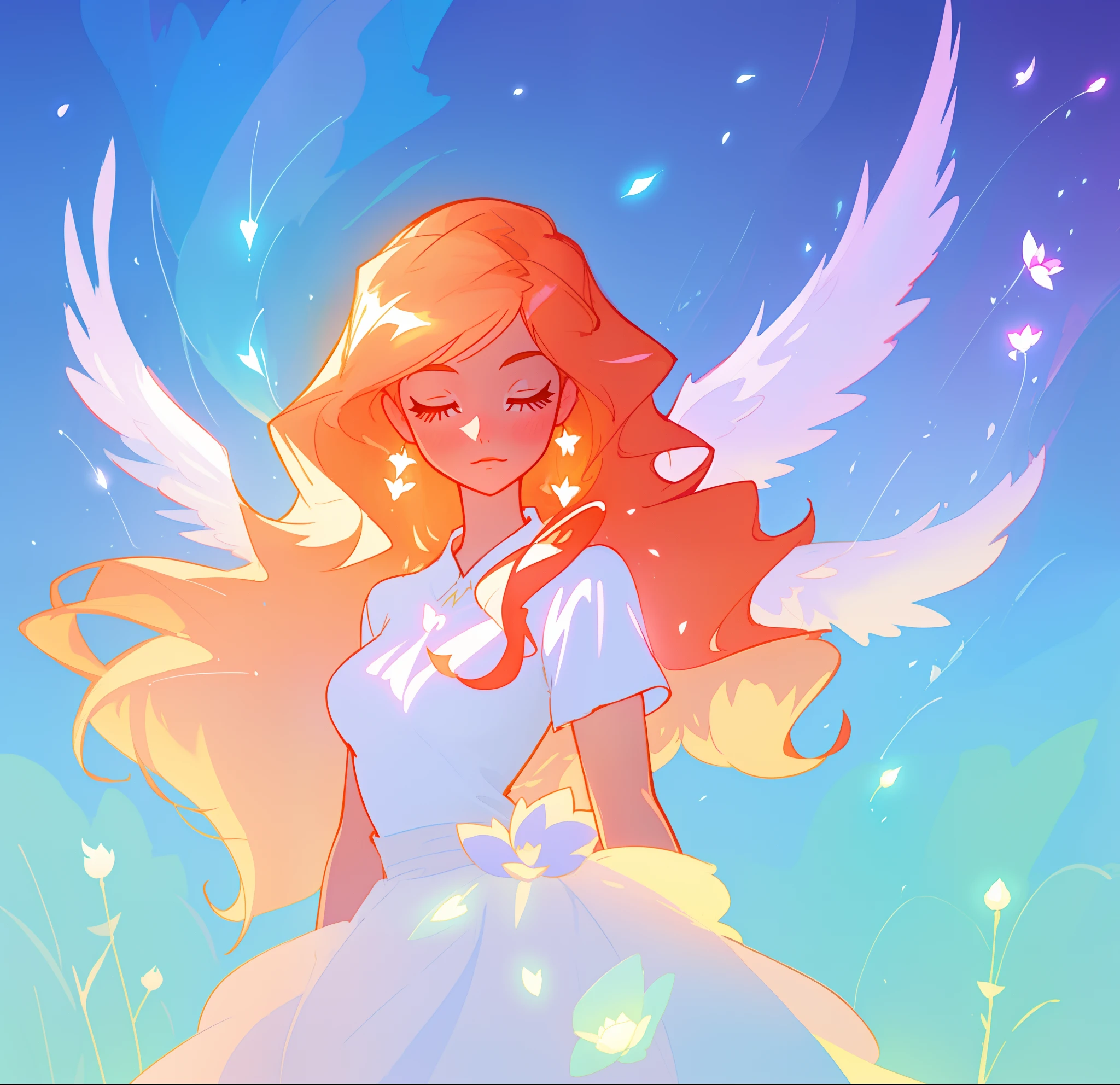 beautiful girl in flowing white dress, (glowing angel wings), glowing flowing ballgown, long wavy hair, sparkling angel wings, watercolor illustration, flowers and colorful plants, inspired by Glen Keane, inspired by Lois van Baarle, disney art style, by Lois van Baarle, glowing aura around her, by Glen Keane, jen bartel, glowing lights! digital painting, flowing glowing hair, glowing flowing hair, beautiful digital illustration, fantasia otherworldly landscape plants flowers, beautiful, masterpiece, best quality, anime disney style