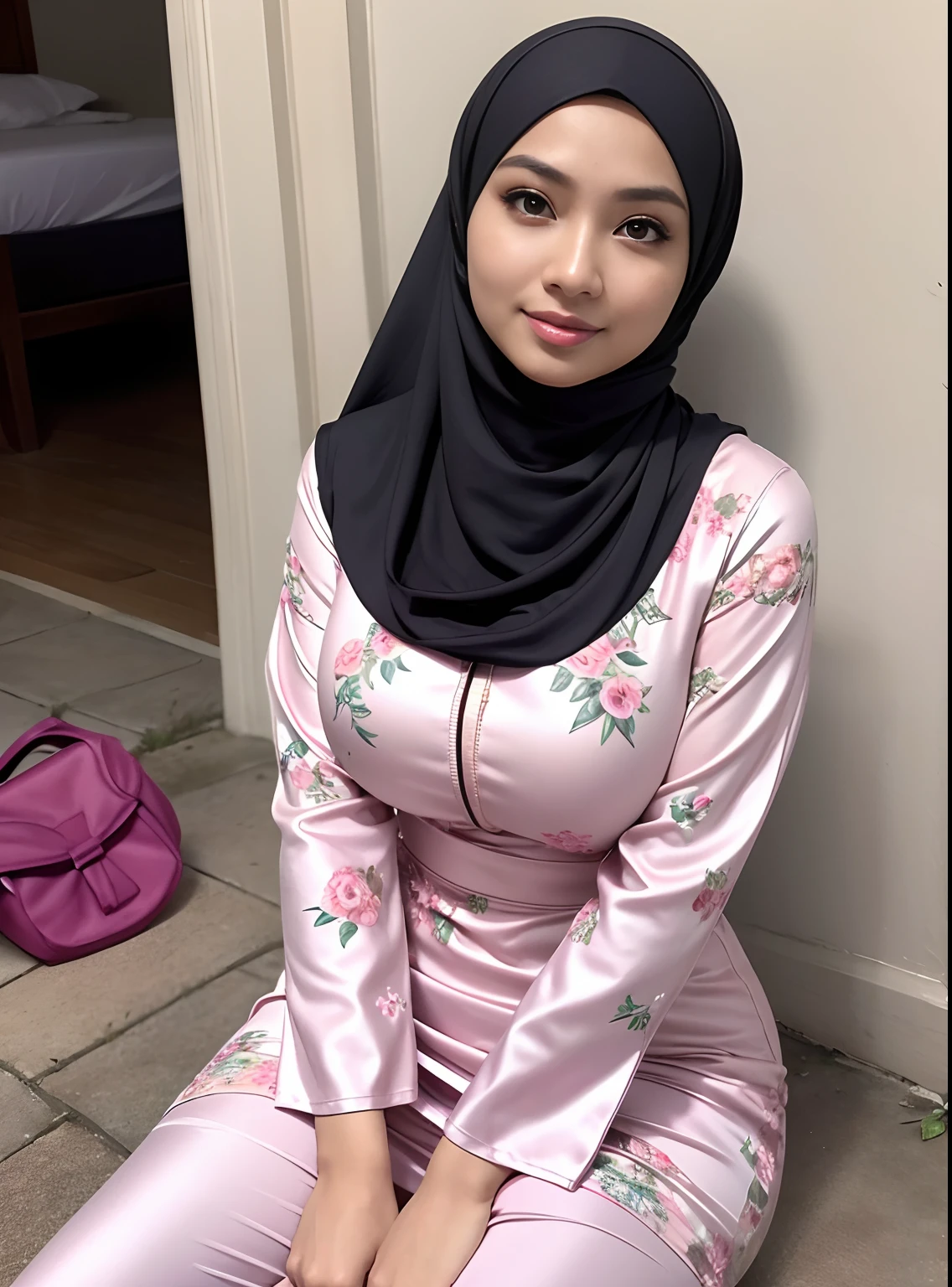 RAW, Best quality, high resolution, work: 1.3), Beautiful Malay woman in hijab , Stunning malay girl,Highly detailed CG Unity 8k wallpaper, top quality, super detailed, masterpiece, realistic, photorealistic, highly detailed cute girl, 50 years old, sweaty skin, blush, parted lips, round eyes, big breasts, bun_head , ((erect, emerge, streak)), waist shot, ((wide hips, thick thigh, protruding ass)), perfect hourglass figure detailed, naughty face detailed, seductive, fully reserved body, ((tight long sleeve pink silk exposed body that follows body curve, buttonless pajamas)), ((turtleneck)), sticking body, ((closed hijab)), squatting seductive beside on bed
