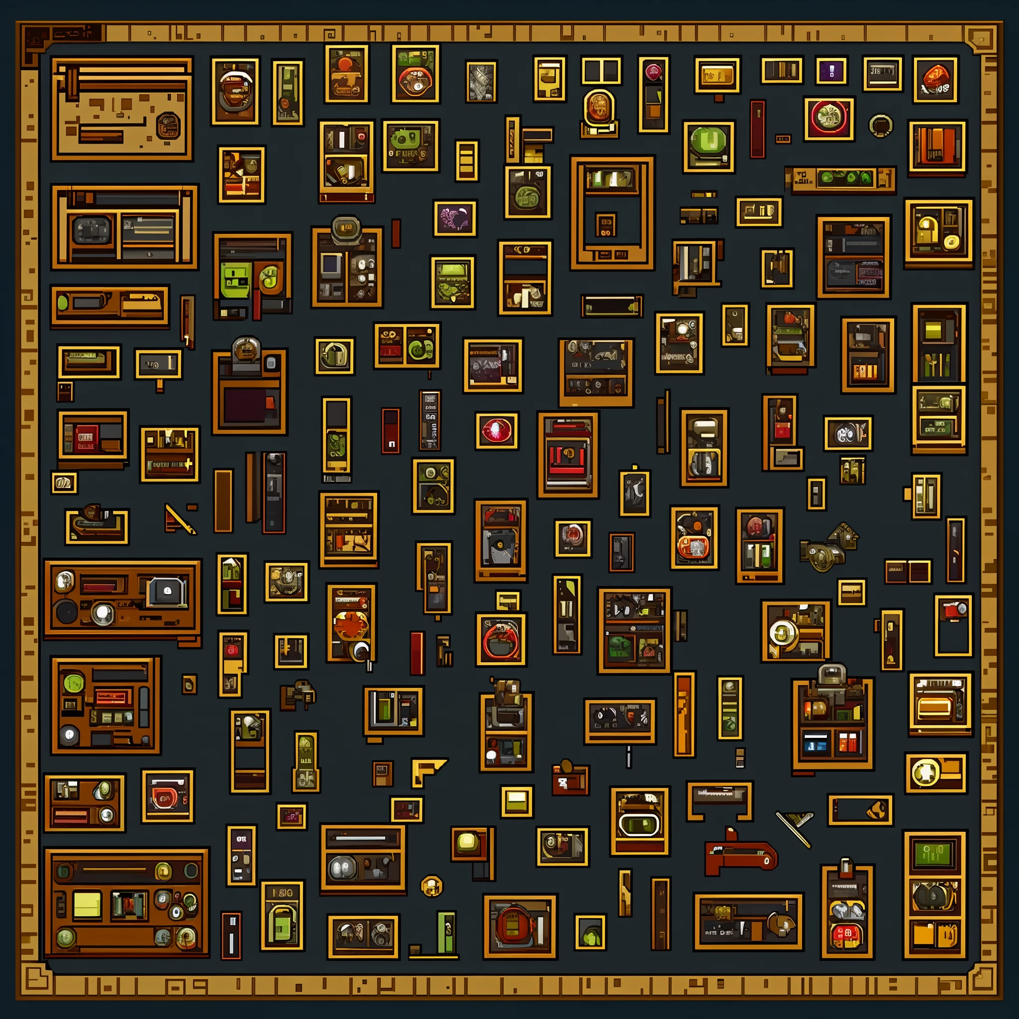 a lot of different items, pixel art, video game assets, item Map chip set,