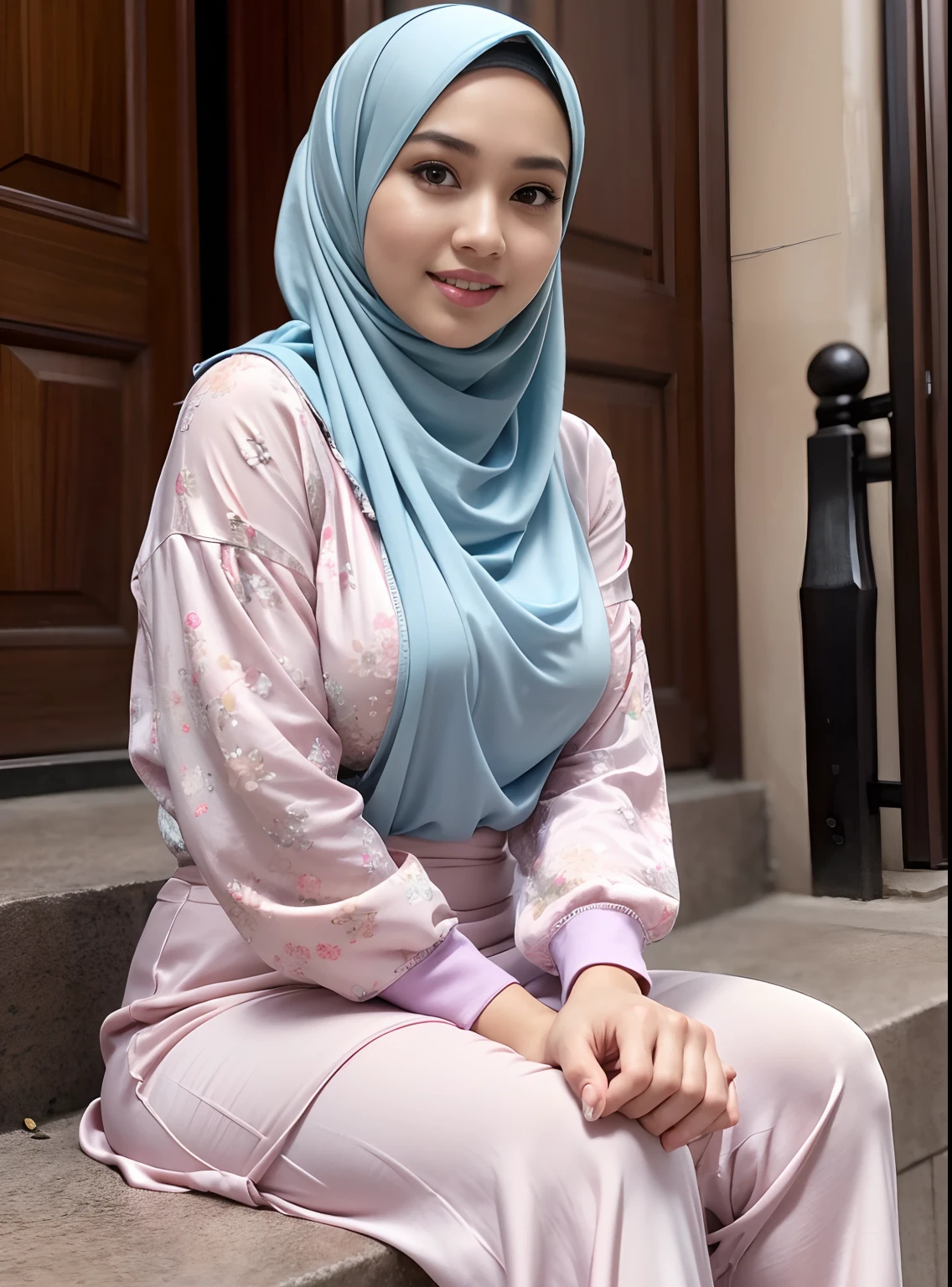 (Best quality, high resolution, masterpiece: 1.3), a beautiful malay woman in hijab, big breasts, slim figure, sweatshirt, beautifully presented details in the street and facial and skin texture, detailed eyes, double eyelids, big eyeschest visible, shirt openfeatures), HDR, 8k resolution, nice fingers, firm skin, (((high detail skin, visible pores))), 1 female, tall body, sitting on the bed, 30 years old, big breasts: 1.4, wearing Floral Silk Tight Malay Gamis Pastel Close Up Tight Hijab, Full Body, Beautiful Shy Smile, Wearing High Heels, In L