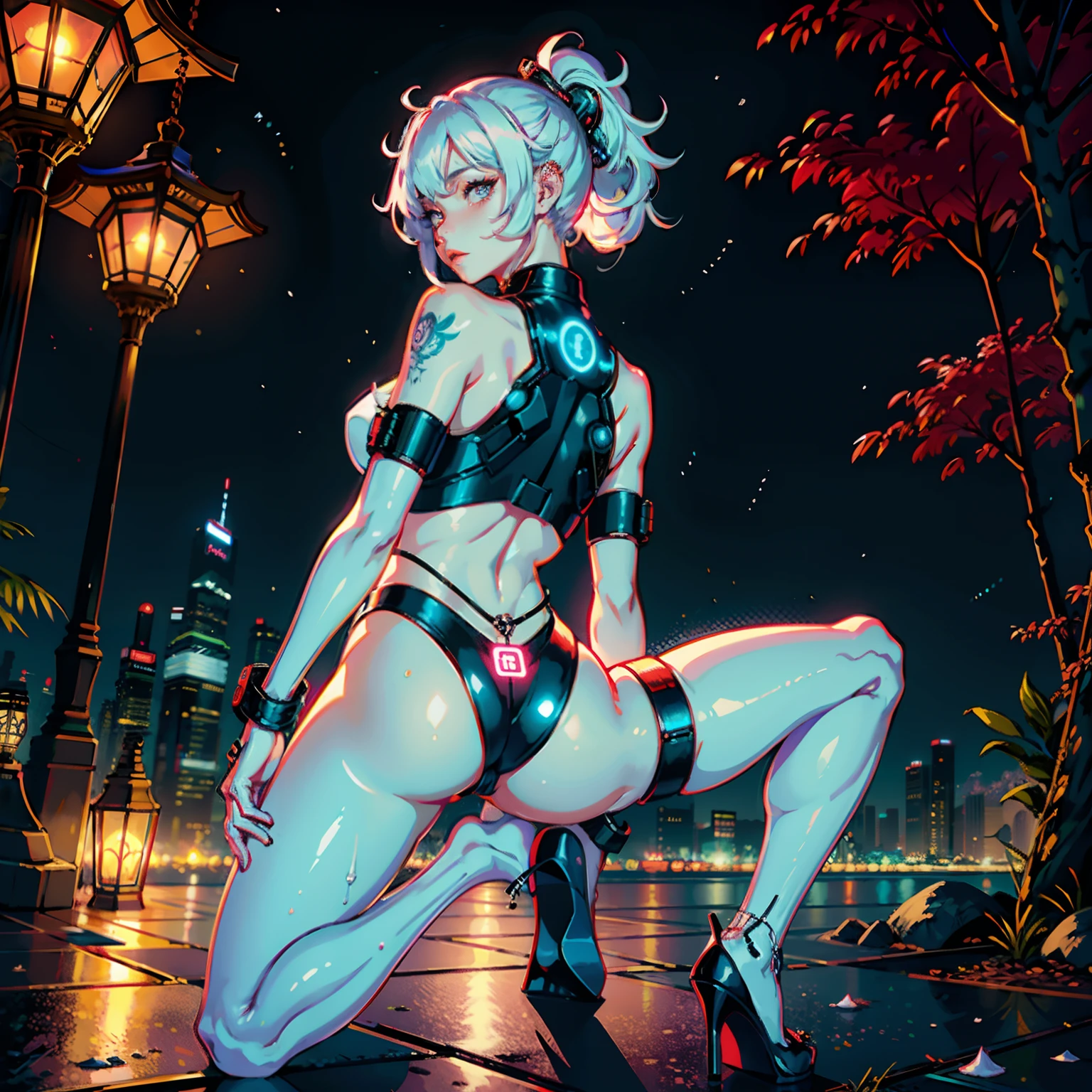 1girll, 独奏, one-girl, White double-tailed hair, Tattooed with, futuristic outfit, Neon Samurai, very beautiful cyberpunk samurai, cyberpunk samurai, Ghost Blade style, Victor Nye Cyberpunk style, Neon cyberpunk style, cyber punk perssonage, Technology roamers, videgame character, synthwave image, cyberpunk voodoo, neon glow concept art, themoon, lanterns, the night, 独奏, exteriors, Skysky, moon full, Sateen, mont, Clouds, paper lanterns, nigh sky, By bangs, The tree, Reflectors, mostly cloudy sky, {{(tmasterpiece),(Very detailed CG unity 8k wallpaper),best qualtiy,独奏,cinmatic lighting,detailed back ground,beatiful detailed eyes,Bright pupils,(Extremely refined and beautiful),(Beautiful and detailed eye description),ultra - detailed,tmasterpiece,}},Detailed eyes,beautidful eyes,photorealistic eye,pretty eyes,perfect eyes,Camel toe petals,Hollow-out on,sweat leggs,White liquid, Smooth pink skin, shiny metallic glossy skin, Shiny,spread their legs,M-shaped legs,Irritated,white liquid all over body,Full body like