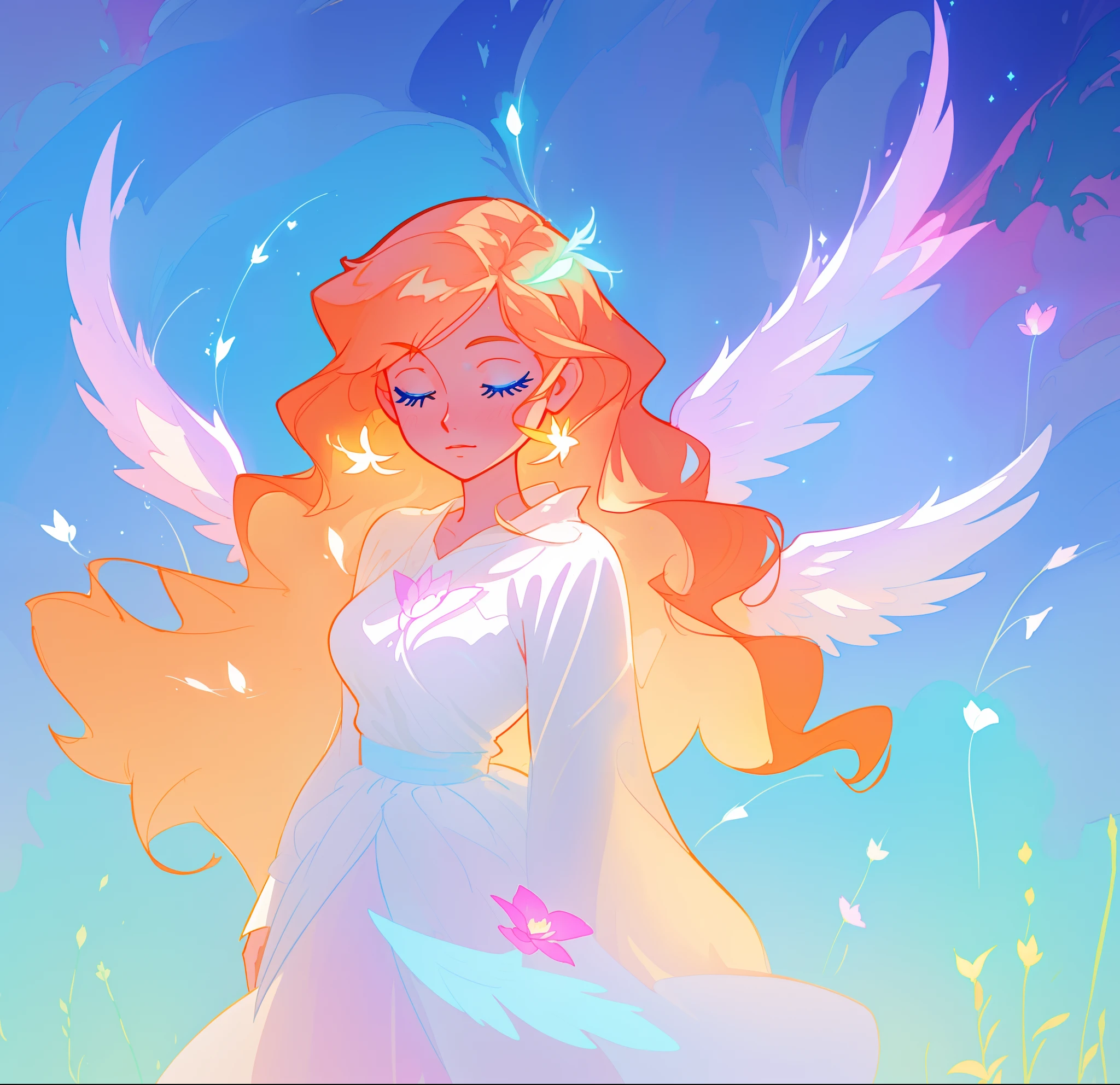 beautiful girl in flowing white dress, (glowing angel wings), glowing flowing ballgown, long wavy hair, sparkling angel wings, watercolor illustration, flowers and colorful plants, inspired by Glen Keane, inspired by Lois van Baarle, disney art style, by Lois van Baarle, glowing aura around her, by Glen Keane, jen bartel, glowing lights! digital painting, flowing glowing hair, glowing flowing hair, beautiful digital illustration, fantasia otherworldly landscape plants flowers, beautiful, masterpiece, best quality, anime disney style