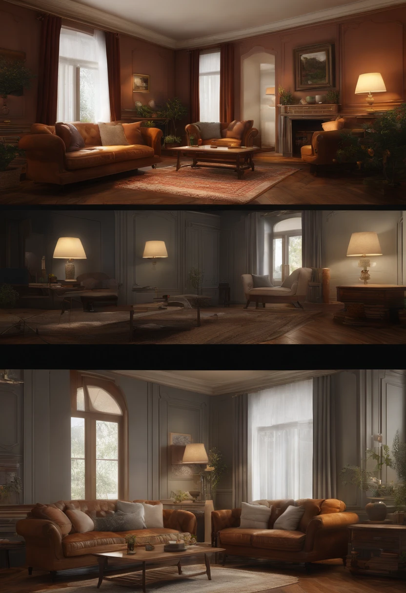 Inside, House, sala de estar, Natureza, flor, calmante,a living room full of furniture and a fireplace, uma pintura fosca detalhada por Evgeny Lushpin, Vencedor do concurso CG Society, fotorrealismo, renderizado no Unreal Engine, rendering physically based, DAZ3D