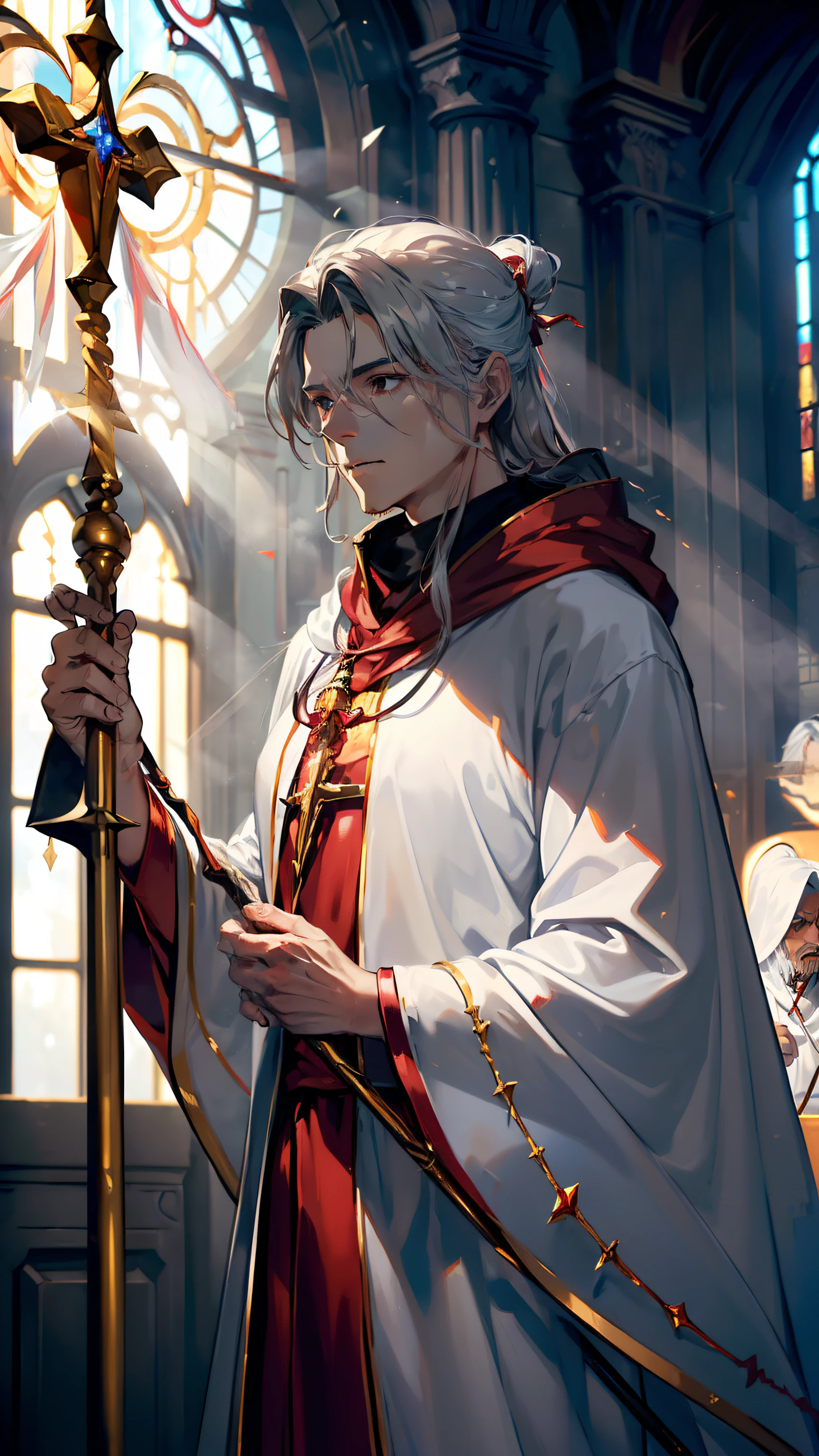(((((male))))), masterpiece, ultra detailed, 8K Portrait, Raw photo, man's portrait photography, ((cowboy shot)), Highly detailed face, ((Fantasy)), gentle ((middle age)) man, 47 years old, 1 man, (((priest))), standing with hands together, (((long gray hair tied back))), Hooded (((white and red silk long cloak))) Fluttering in the wind, (((white priest uniform)), ((equip a long golden staff attached crystals)), Midday Sun, Hyper realistic, Long legs, In the church, Ambient lighting, Shadow details , Camera focus on face, strong breeze, Light fog