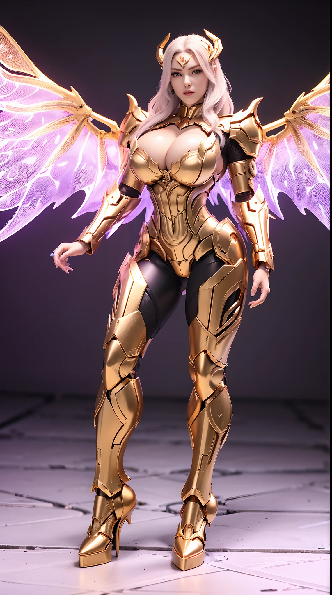 (DRAGON HEAD), HUGE FAKE BOOBS, (BEAUTIFUL FACE), (GOLD:1.2, WHITE:0.8, PURPLE:0.9 MECHA ARMORED GEAR), (((A PAIR OF HUGE MECHANICAL WINGS SPREAD OUT))), FUTURISTIC DRAGON MECHA SUIT, (CLEAVAGE), (SKINTIGHT YOGA PANTS), (HIGH HEELS), (PERFECT BODY:1.2), (FULL BODY VIEW), FRONT, (STANDING:1), SEXY MUSCULAR BODY, MUSCLE ABS, UHD, 8K, 1080P.