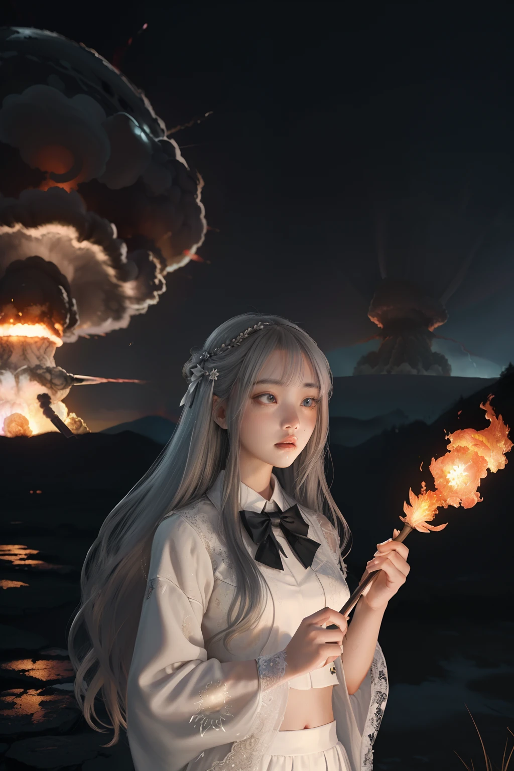 masutepiece,Best Quality, Illustration,{Beautiful detailed girl},Beautiful detailed glow,(flame of war:1.2),(nuclear explosion behide:1.3),Rain,Detailed Lighting,detailed water,(Beautiful detailed eyes:1.1),deadpan,palatial palace,Azure hair,disheveled hair,Long bangs,hairs between eyes,(whitegrey dress:1.1),a black ribbon,white bow ties,Midriff,big forhead,blank stare,flower,Long sleeves