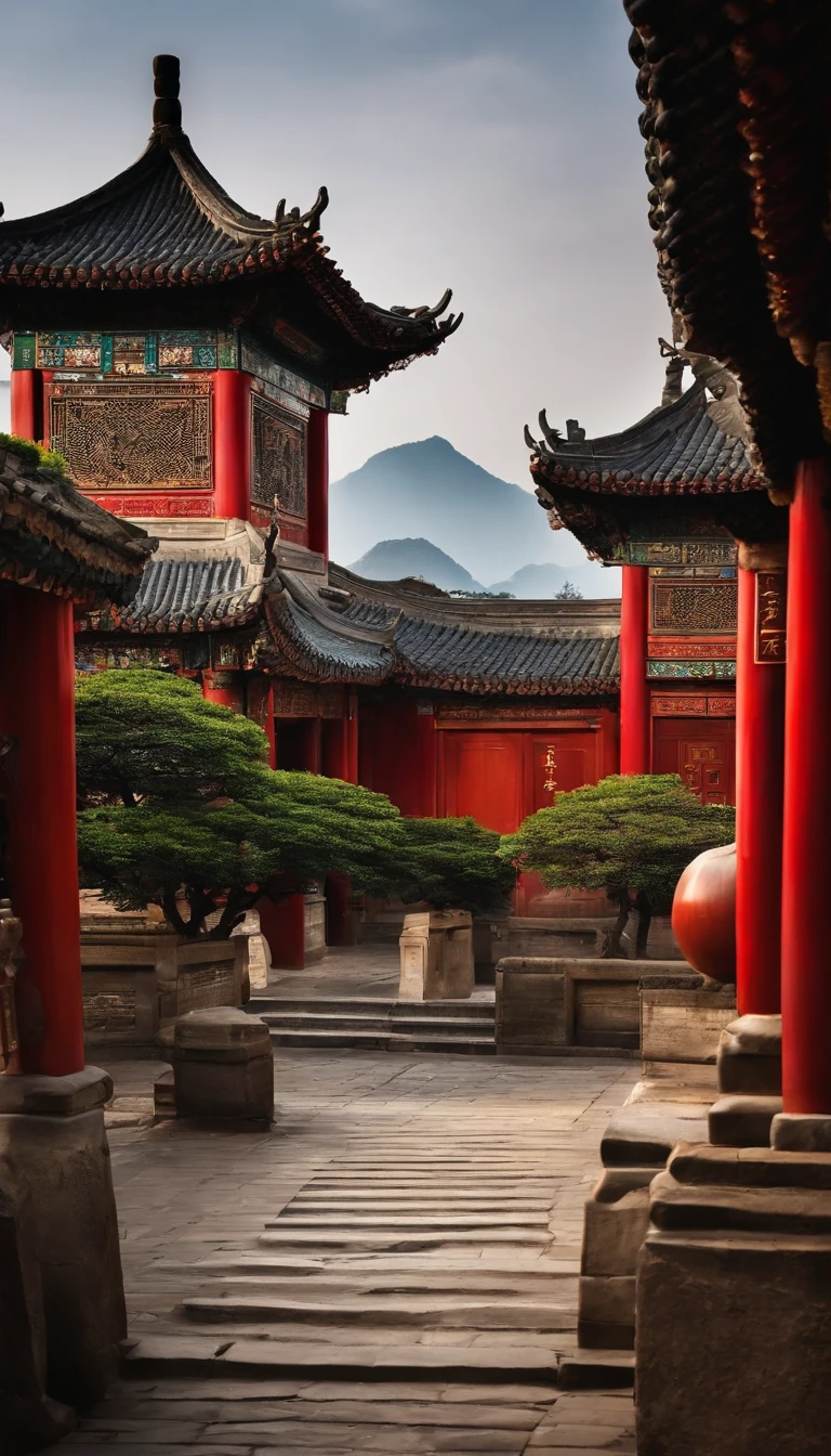 ancient buildings of China，There is a multelage with a couplet attached to the entrance，There is a plaque directly above the gate】
