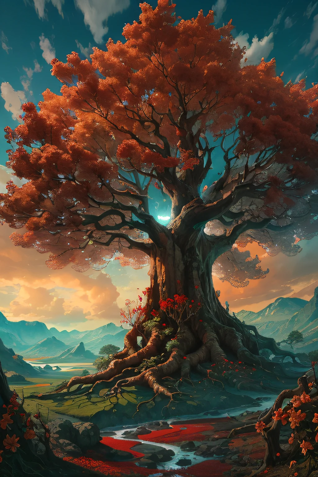 A huge old tree in the middle of a vast field(((The roots of the tree are covered with golden glowing veins)))、There is a river under the trees、The trunk is red、The branches are red、Cyan leaves、Red flowers、(illustratio:1.0)、Blue sky without clouds、The sun shines、Epic composition、Realistic lighting details、high definition detail、high definition resolution,(非常详细的 CG 统一 8k 壁纸)