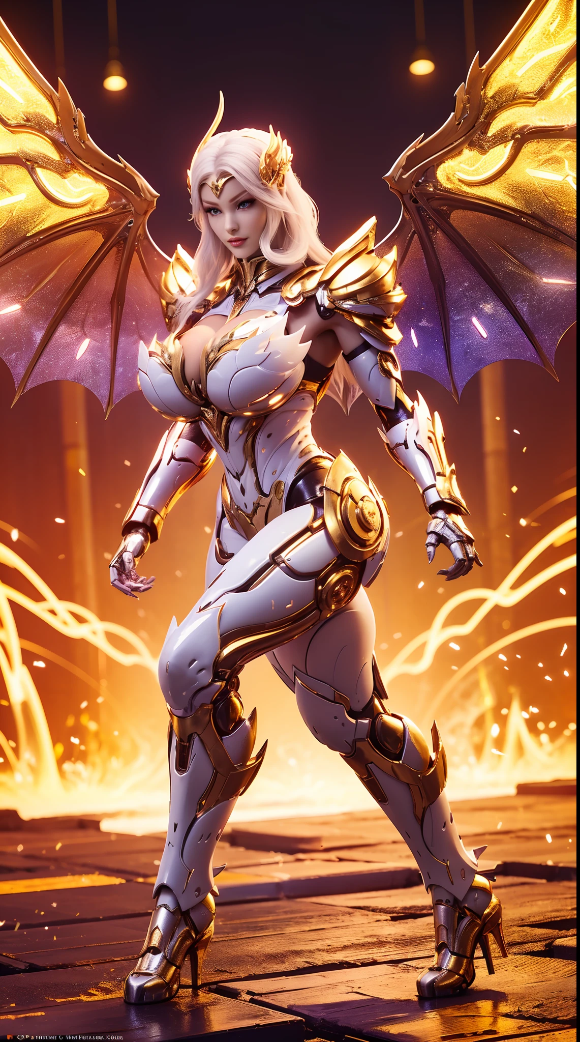 (DRAGON HEAD), HUGE FAKE BOOBS, (BEAUTIFUL FACE), (GOLD:1.2, WHITE:0.8, PURPLE:0.9 MECHA ARMORED GEAR), (((A PAIR OF HUGE MECHANICAL WINGS SPREAD OUT))), FUTURISTIC DRAGON MECHA SUIT, (CLEAVAGE), (SKINTIGHT YOGA PANTS), (HIGH HEELS), (PERFECT BODY:1.2), (FULL BODY VIEW), FRONT, (STANDING:1), SEXY MUSCULAR BODY, MUSCLE ABS, UHD, 8K, 1080P.