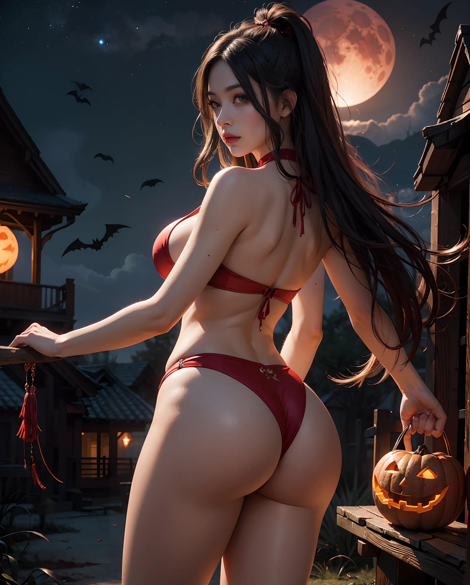 Create a spellbinding digital artwork depicting a mesmerizing hot woman exuding ethereal beauty beneath the bewitching glow of a blood moon on Halloween night. Big breast, big hips, long leg, sensual, shot from behind