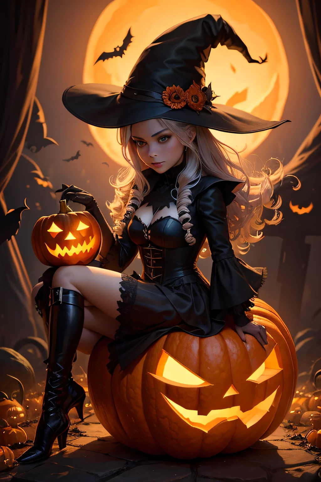 A Halloween witch riding a pumpkin, wearing a witch hat, has a black cat with her, Pumpkin is a jackolantern