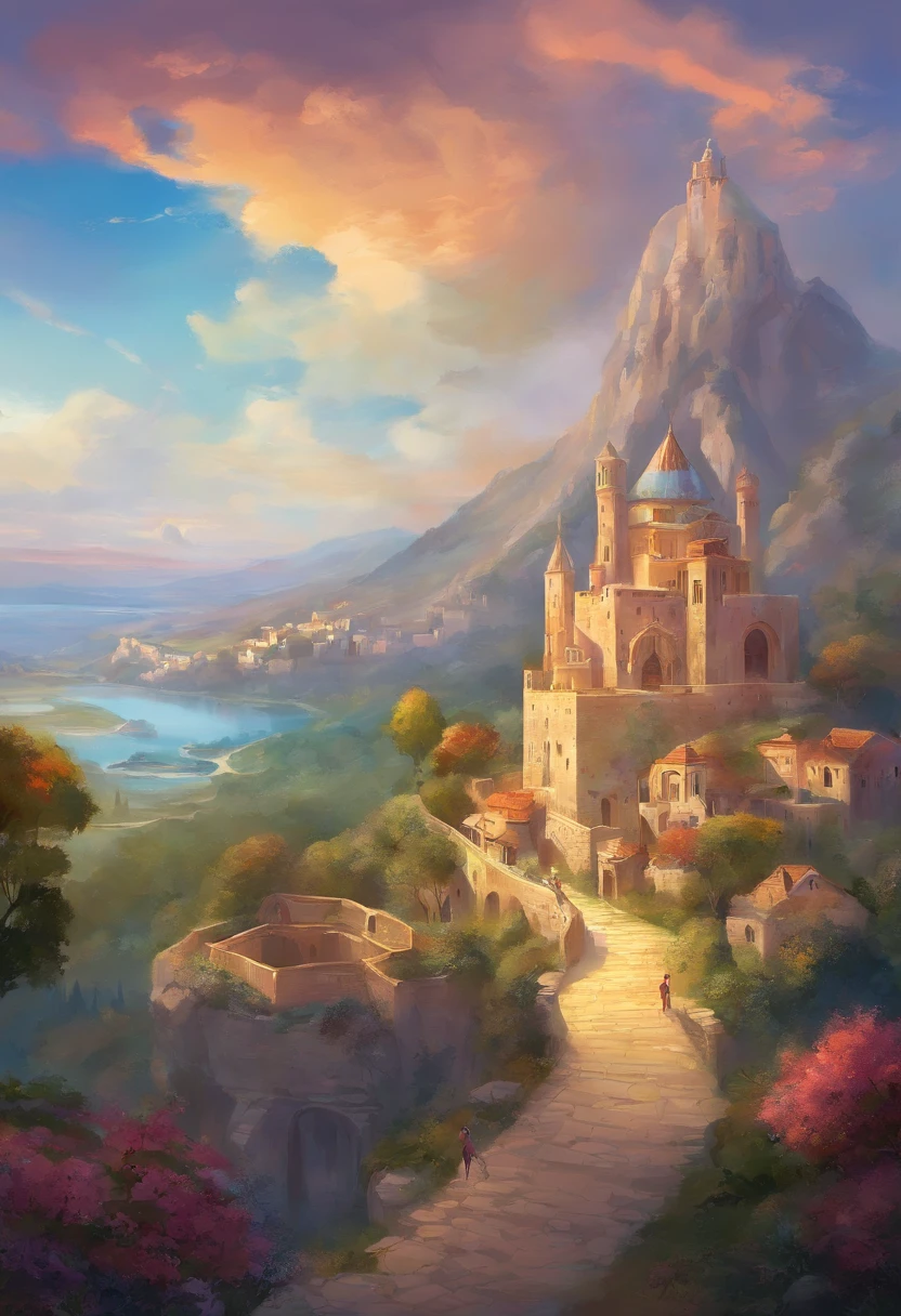 Image, ancient Israelite kingdom, Greek influences, aerial view, traditional houses, majestic castle, graceful church, residence for king's wives and daughters, cultural details, unique map, fascinating, 2D, colorful, light colors, city medieval, forest.