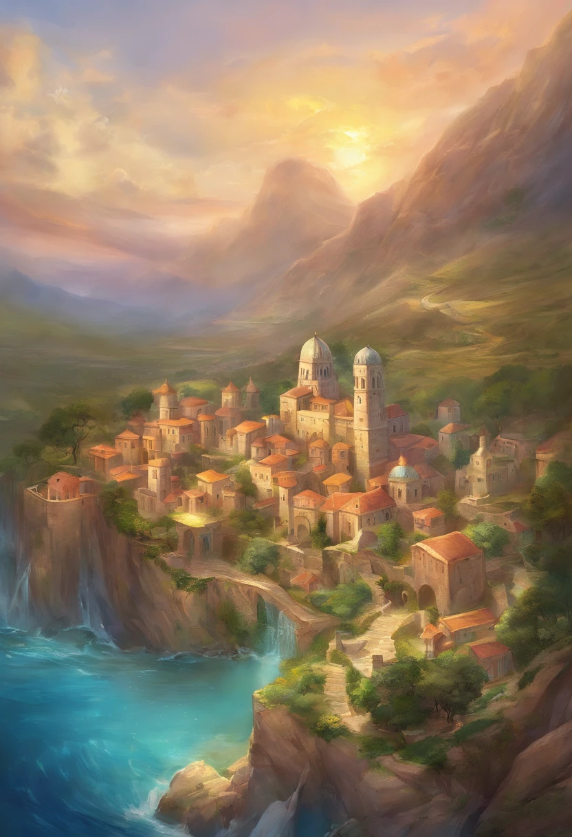 Image, ancient Israelite kingdom, Greek influences, aerial view, traditional houses, majestic castle, graceful church, residence for king's wives and daughters, cultural details, unique map, fascinating, 2D, colorful, light colors, city medieval, forest.