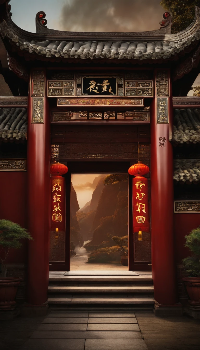 "ancient Chinese architecture, traditional gate with couplets on both sides of the entrance, a plaque above the main gate"