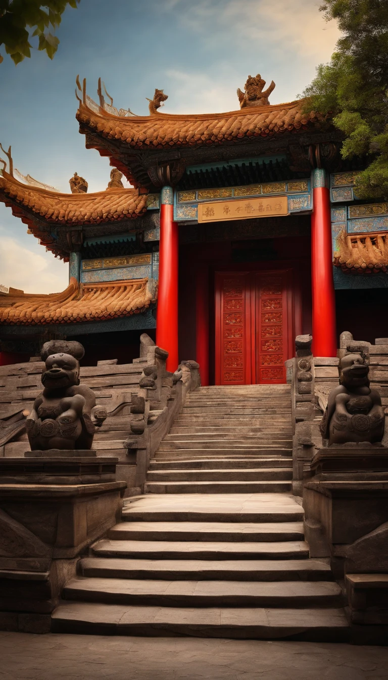 "ancient Chinese architecture, traditional gate with couplets on both sides of the entrance, a plaque above the main gate"