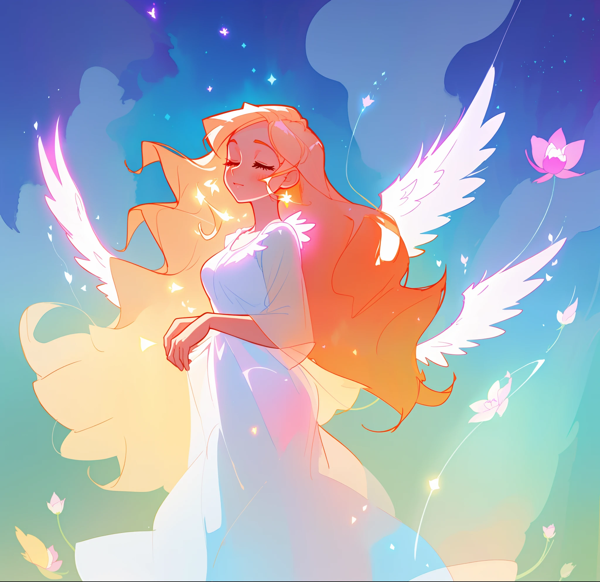 beautiful girl in flowing white dress, (glowing angel wings), glowing flowing ballgown, long wavy hair, sparkling angel wings, watercolor illustration, flowers and colorful plants, inspired by Glen Keane, inspired by Lois van Baarle, disney art style, by Lois van Baarle, glowing aura around her, by Glen Keane, jen bartel, glowing lights! digital painting, flowing glowing hair, glowing flowing hair, beautiful digital illustration, fantasia otherworldly landscape plants flowers, beautiful, masterpiece, best quality, anime disney style