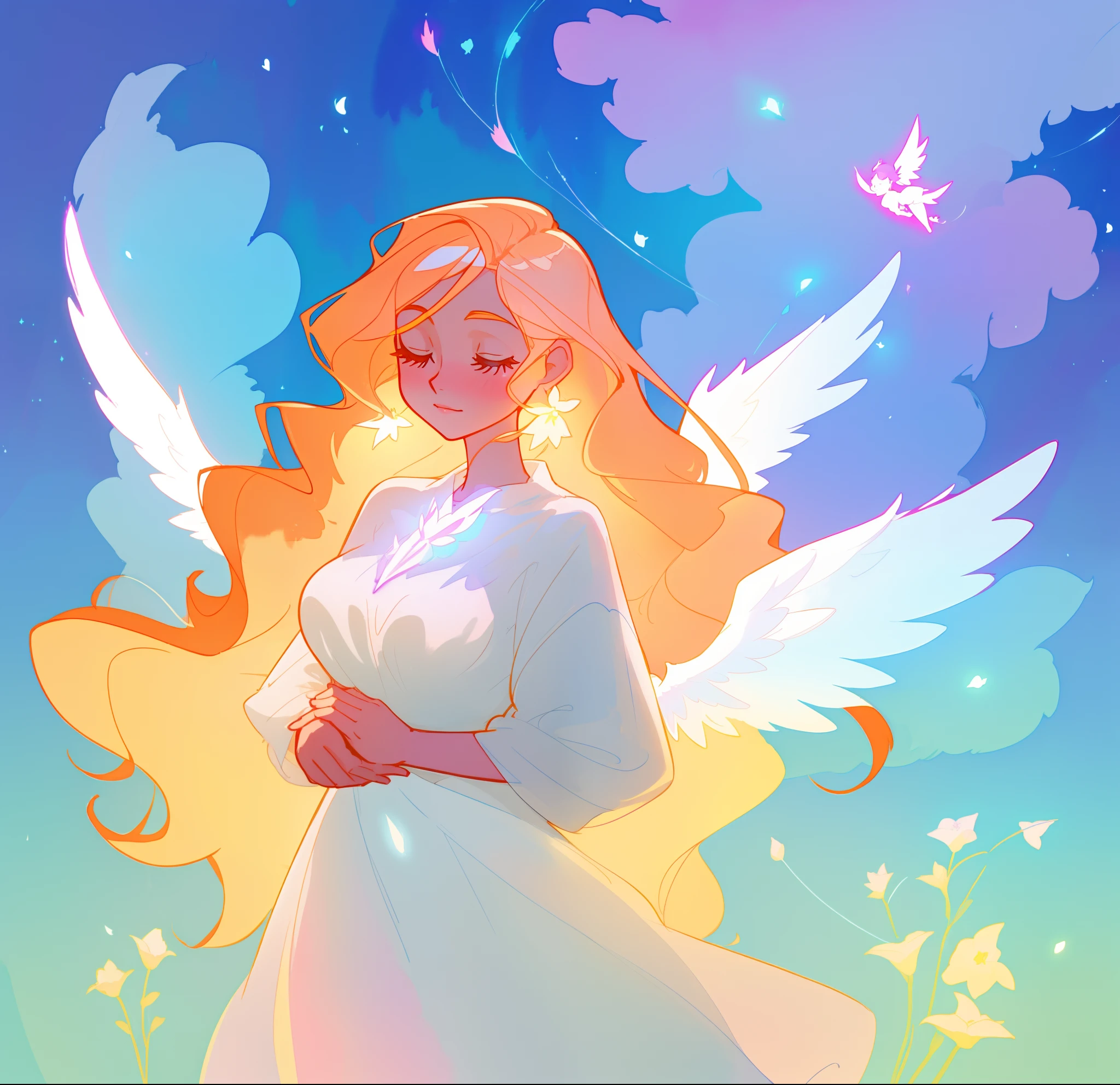 beautiful girl in flowing white dress, (glowing angel wings), glowing flowing ballgown, long wavy hair, sparkling angel wings, watercolor illustration, flowers and colorful plants, inspired by Glen Keane, inspired by Lois van Baarle, disney art style, by Lois van Baarle, glowing aura around her, by Glen Keane, jen bartel, glowing lights! digital painting, flowing glowing hair, glowing flowing hair, beautiful digital illustration, fantasia otherworldly landscape plants flowers, beautiful, masterpiece, best quality, anime disney style