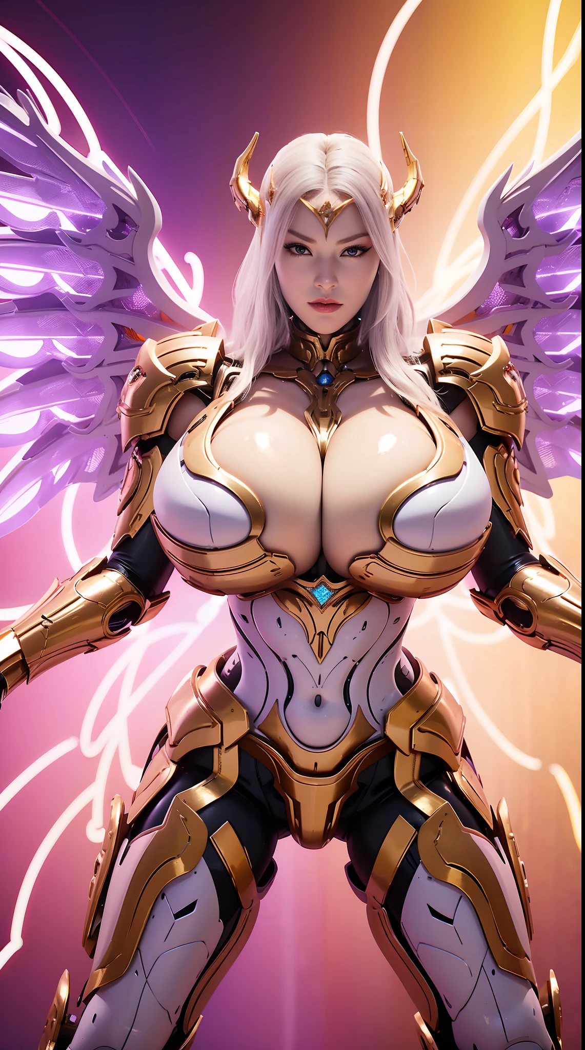 (DRAGON HEAD), HUGE FAKE ?????, (BEAUTIFUL FACE), (GOLD:1.2, WHITE:0.8, PURPLE:0.9 MECHA ARMORED GEAR), (((A PAIR OF HUGE MECHANICAL WINGS SPREAD OUT))), FUTURISTIC DRAGON MECHA SUIT, (CLEAVAGE), (SKINTIGHT YOGA PANTS), (HIGH HEELS), (PERFECT BODY:1.2), (FULL BODY VIEW), FRONT, (STANDING:1), ???? MUSCULAR BODY, MUSCLE ABS, UHD, 8K, 1080P.