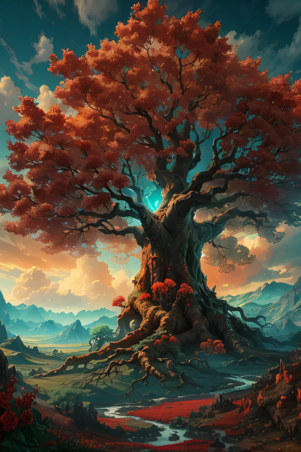 A huge old tree in the middle of a vast field（（（The roots of the tree are covered with golden glowing veins）））、There is a river under the trees、The trunk is red、The branches are red、Cyan leaves、Red flowers、surrounded by cloud，（illustratio：1.0）、Epic composition、Realistic lighting details、high definition detail、high definition resolution，（非常详细的 CG 统一 8k 壁纸）、Sunnyday、blue-sky