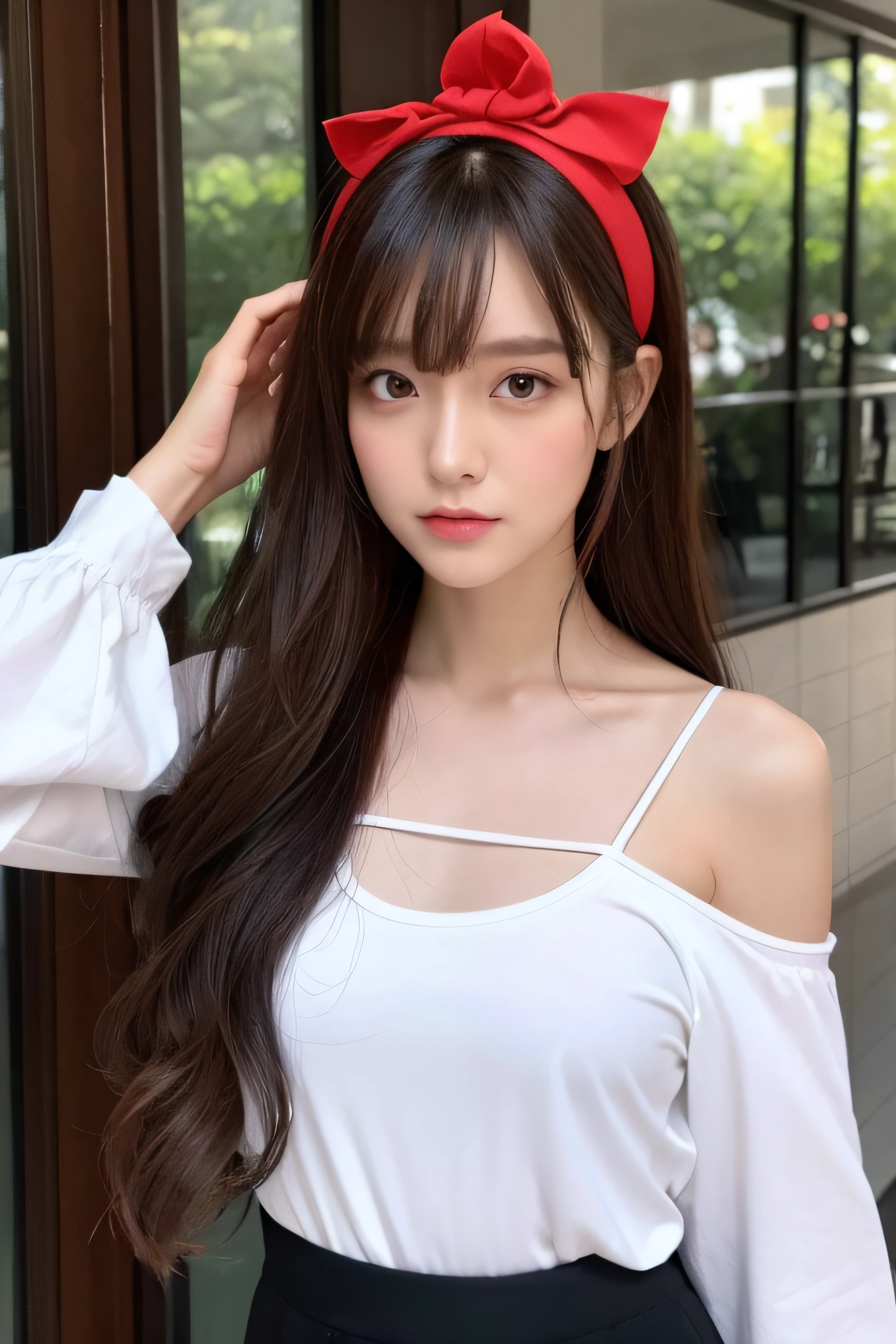 Eris Grayrat, 1girls, bara, long-haired, ahoge, Red Eyes, Red-Haired, Bare shoulders,Headband, crossed arms,Blush, skirts, Black headband, breasts, detached sleeves,bangs, hair between the eyes, long sleeve, Hair clitoris, gag, Black Skirt, Brown skirt, shirt, Cross Bang, very long hair, White shirt,Beau M,Point to yourself.,shouting,angry,