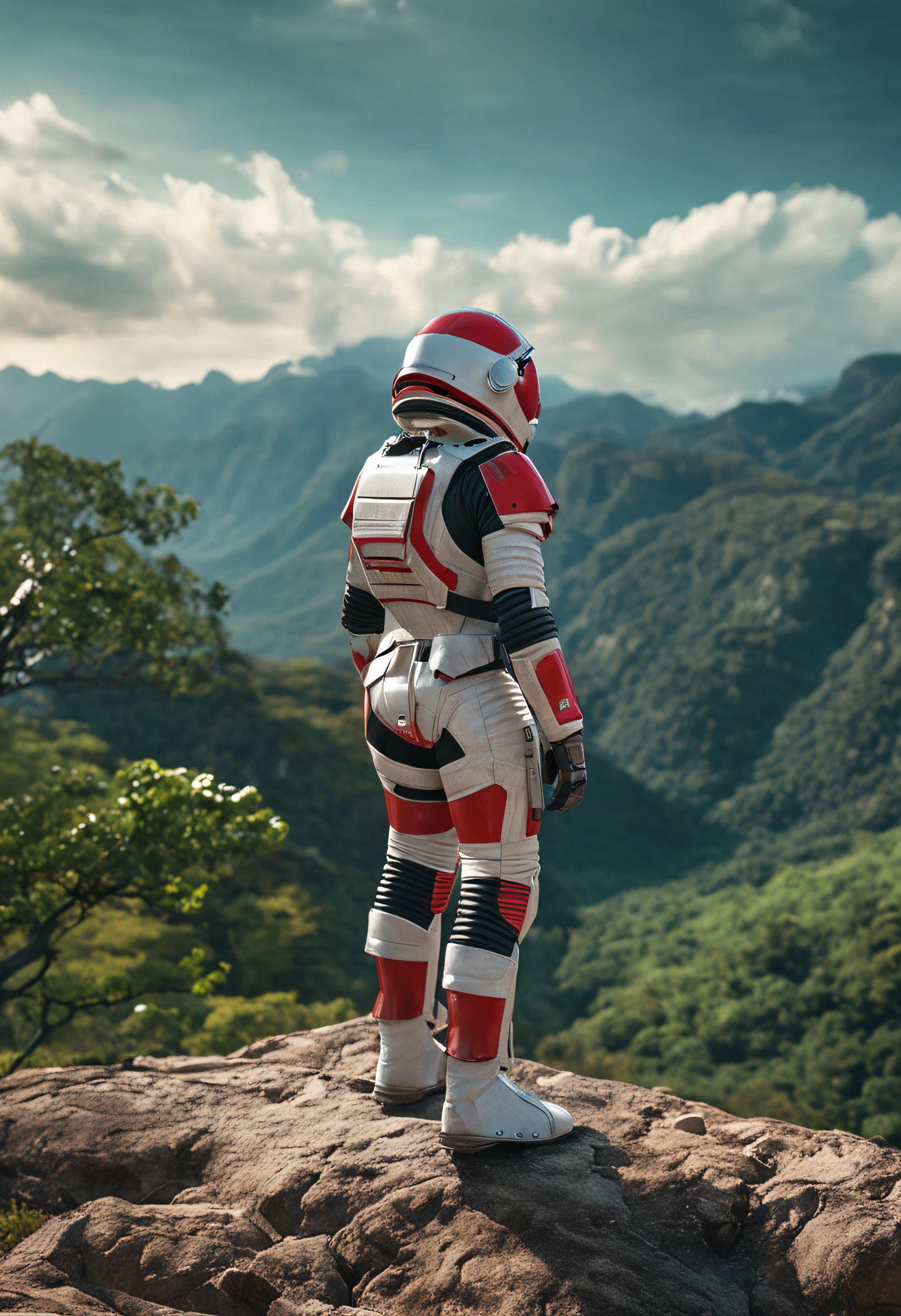(35mmstyle:1.2), Highly detailed RAW color Photo, rear angle, full bodyesbian, af (Female space marine, Wearing a white and red spacesuit, futuristic helmet, Tin plated mask, Rebreathers, accentuated booty), Outdoors, (Stand on the cliffs of the tall Rocky Mountains, Gaze out over the magical lush green rainforest on an alien planet), vivd details, (Exotic alien planet), Toned body, big assa, (Sci-fi), (Mountains:1.1), (lush green vegetation), (two moons in sky:0.8), (Highly detailed, ultra - detailed, Intricate), (Lens flare:0.7), (full bloom:0.7), particle fx, Ray traching, Cinematic lighting, Shallow depth of field, photographed on a Sony a9 II, 35mm wide angle lens, Sharp focus, 《Gravity 2013》cinematic Film still from, Watching from behind, Dynamic Angle