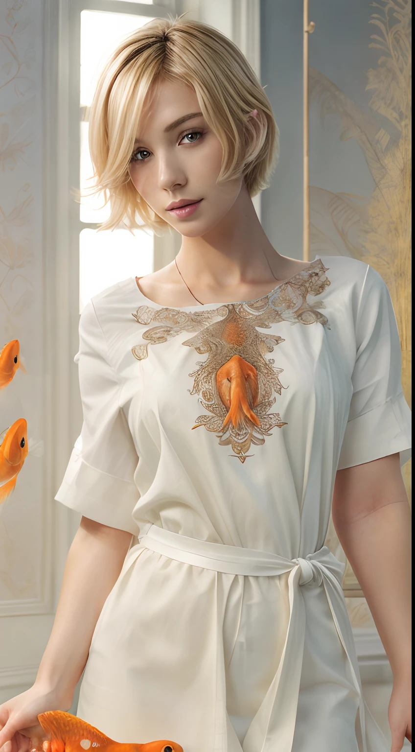 (Masterpiece), Best Quality, Illustration, Beautiful Details Glow, 1 women, Cute Facial Features, Solo, Full Body, White Cloth, Lotus, (Goldfish), Unified 8k wallpaper, detailed, beautiful and aesthetic, blonde short hair, extremely detailed, extremely detailed eye