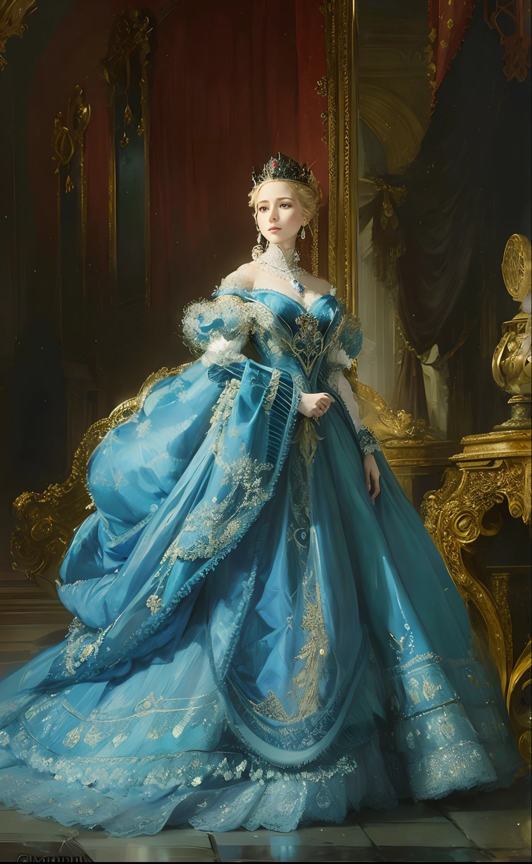 Formal and Official Coronation Portrait, Portrait of a stunningly beautiful young blonde Princess wearing A Stately and Elaborate Royal Cinderella Court Gown with (((enormous puffed sleeves))) and an hourglass waist, adorned with bows, embroidery, and jewels, long white gloves, pearl necklace and earrings