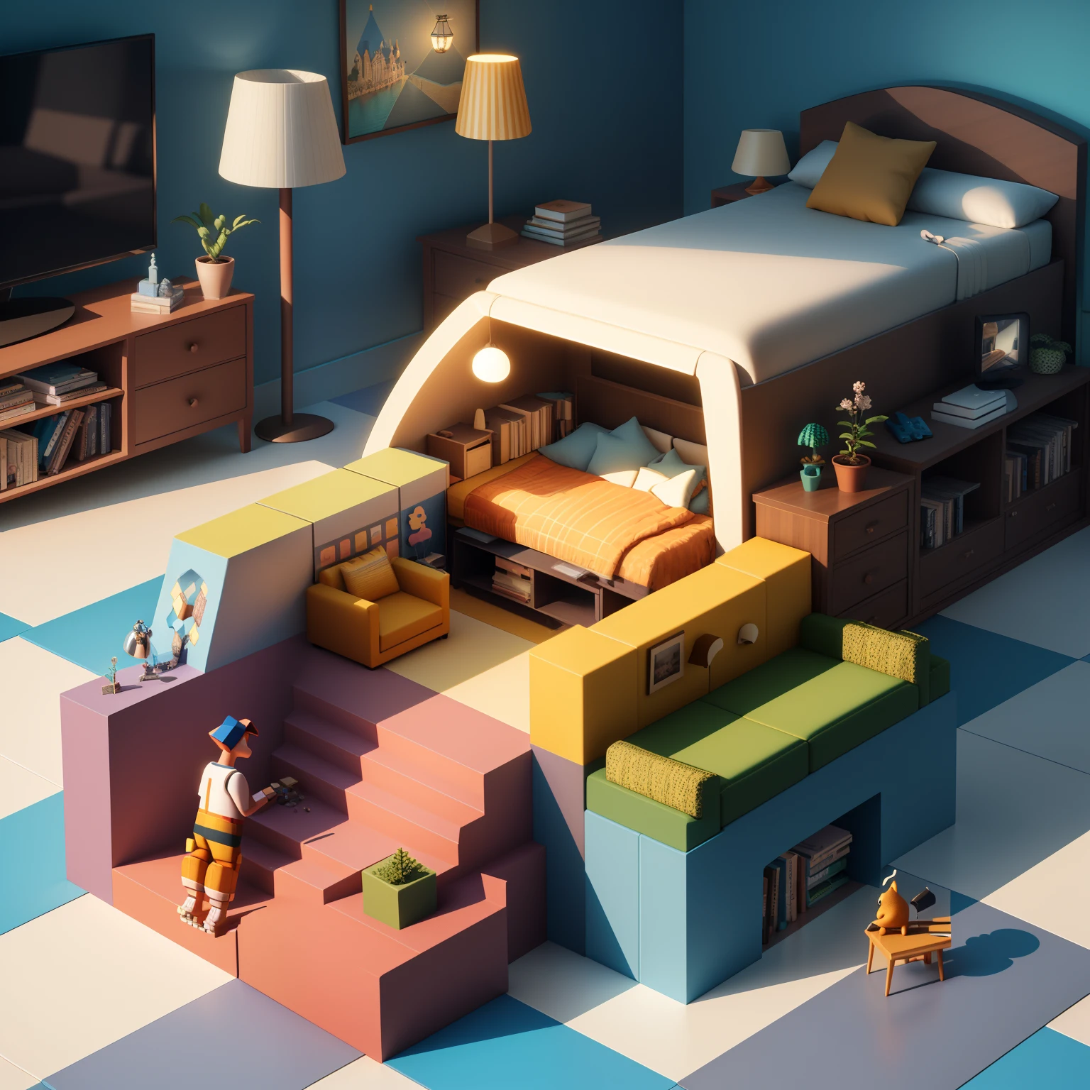 (Isometric perspective:1.5),(Pixar style:1.2), Room, bed, sofa,(small bonsai:0.8),desk lamp, TV, mural, 3D,Disney,Panoramic photo,White background, solid background,Global illumination, raytracing, modeling,HDR,octane render,unreal render,behance,dribbble,artstation,best quality, 8k,
