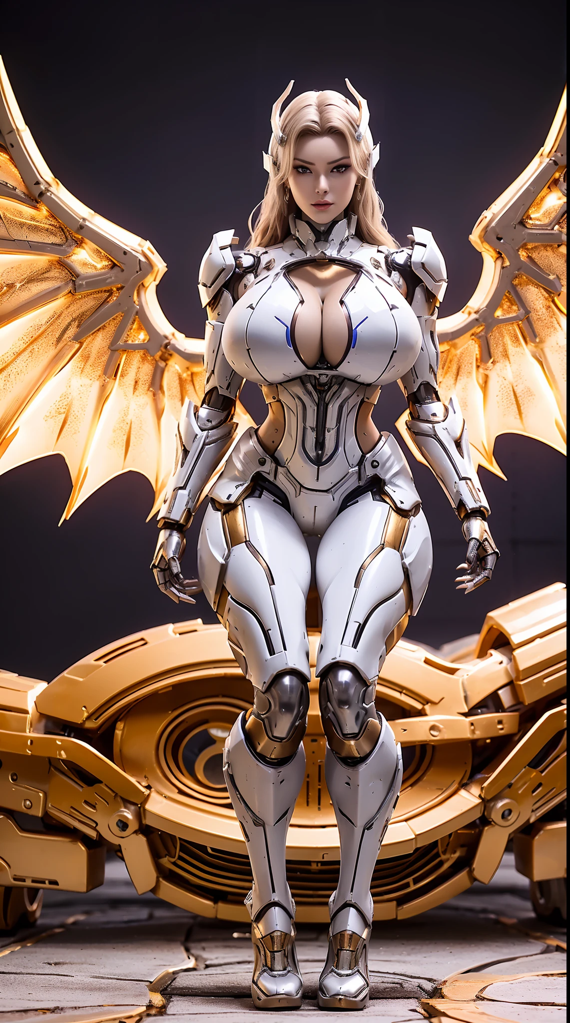 (DRAGON HEAD), HUGE FAKE BOOBS, (BEAUTIFUL FACE), (GOLD:1.2, WHITE:0.8, PURPLE:0.9 MECHA ARMORED GEAR), (((A PAIR OF HUGE MECHANICAL WINGS SPREAD OUT))), FUTURISTIC DRAGON MECHA SUIT, (CLEAVAGE), (SKINTIGHT YOGA PANTS), (HIGH HEELS), (PERFECT BODY:1.2), (FULL BODY VIEW), FRONT, (STANDING:1), SEXY MUSCULAR BODY, MUSCLE ABS, UHD, 8K, 1080P.