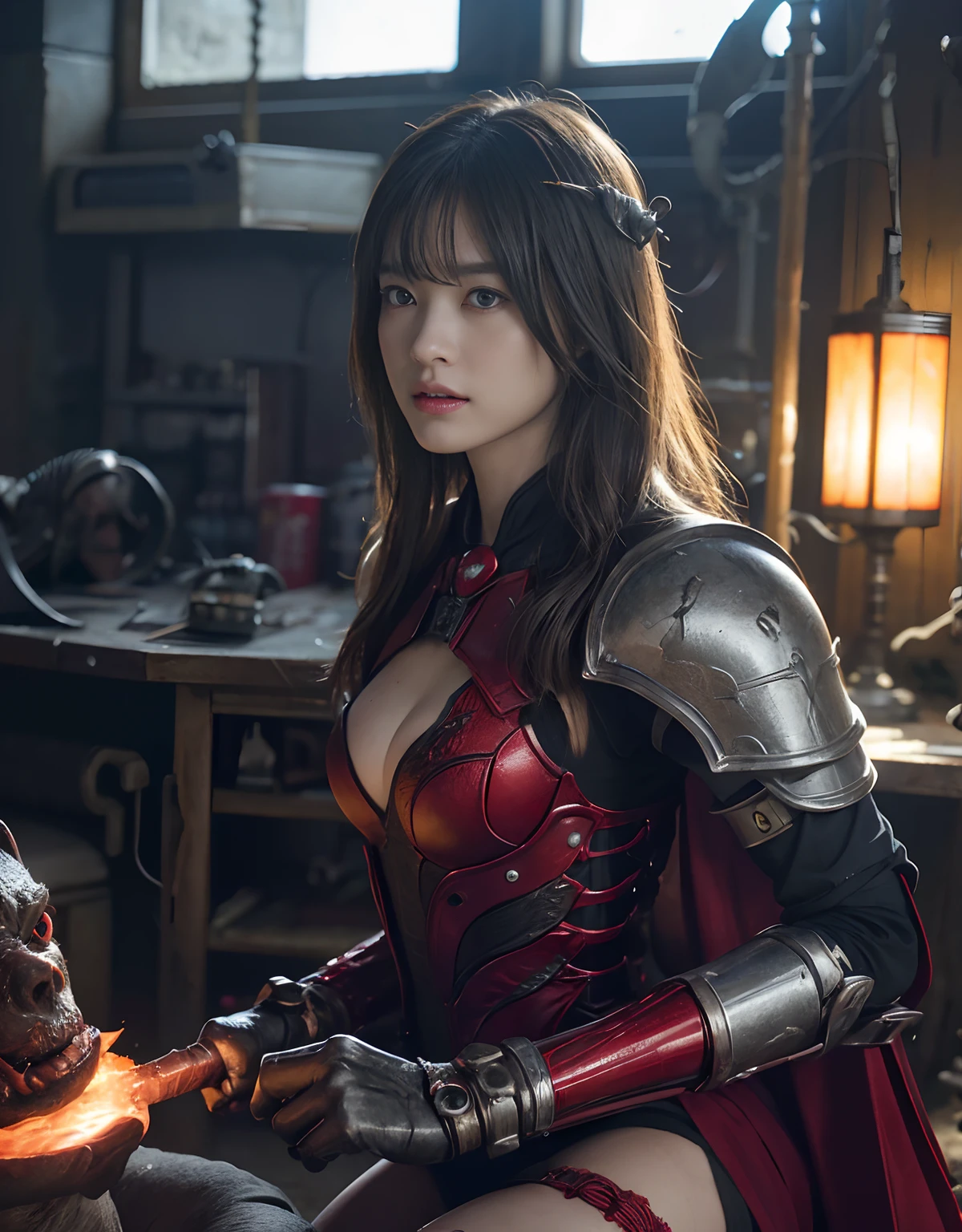 (One Knight Girl)、top-quality、masterpiece、超A high resolution、(Photorealsitic:1.4)、Raw photo、1人、Fight mutants、(Wear the Dark Knight's Armor)、glowy skin、(((Dark Fantasy)))、With a beautiful sword and shield、(Silver Metal Bodysuit)、(Kobold、ogre、Fierce battle with orcs),(Fight fiercely against aliens)、Fight fiercely、(Background of decaying dungeon ruins)、(Fighting Demonic Beasts)、(Small LED)、((super realistic details))、portlate、(Strong giant demon beast background),globalillumination、Shadow、octan render、8K、ultrasharp、Colossal tits、Raw skin is exposed in cleavage、metals、Details of complex ornaments、Japan details、highly intricate detail、Realistic light、(Mystical expression),CGSoation Trends、Red Eyes、radiant eyes、Facing the camera、neon details、(Mechanical limbs)、(blood vessels connected to tubes)、Mechanical vertebrae attached to the back、mechanical cervical attaching to neck、(Wires and cables connecting to the head)、Gundam、Small LED、,Mechanical thighs、Toostock、(Hands are also made of machines)、(Attack of the Monster Beasts)、(Wounded in a deadly battle)、