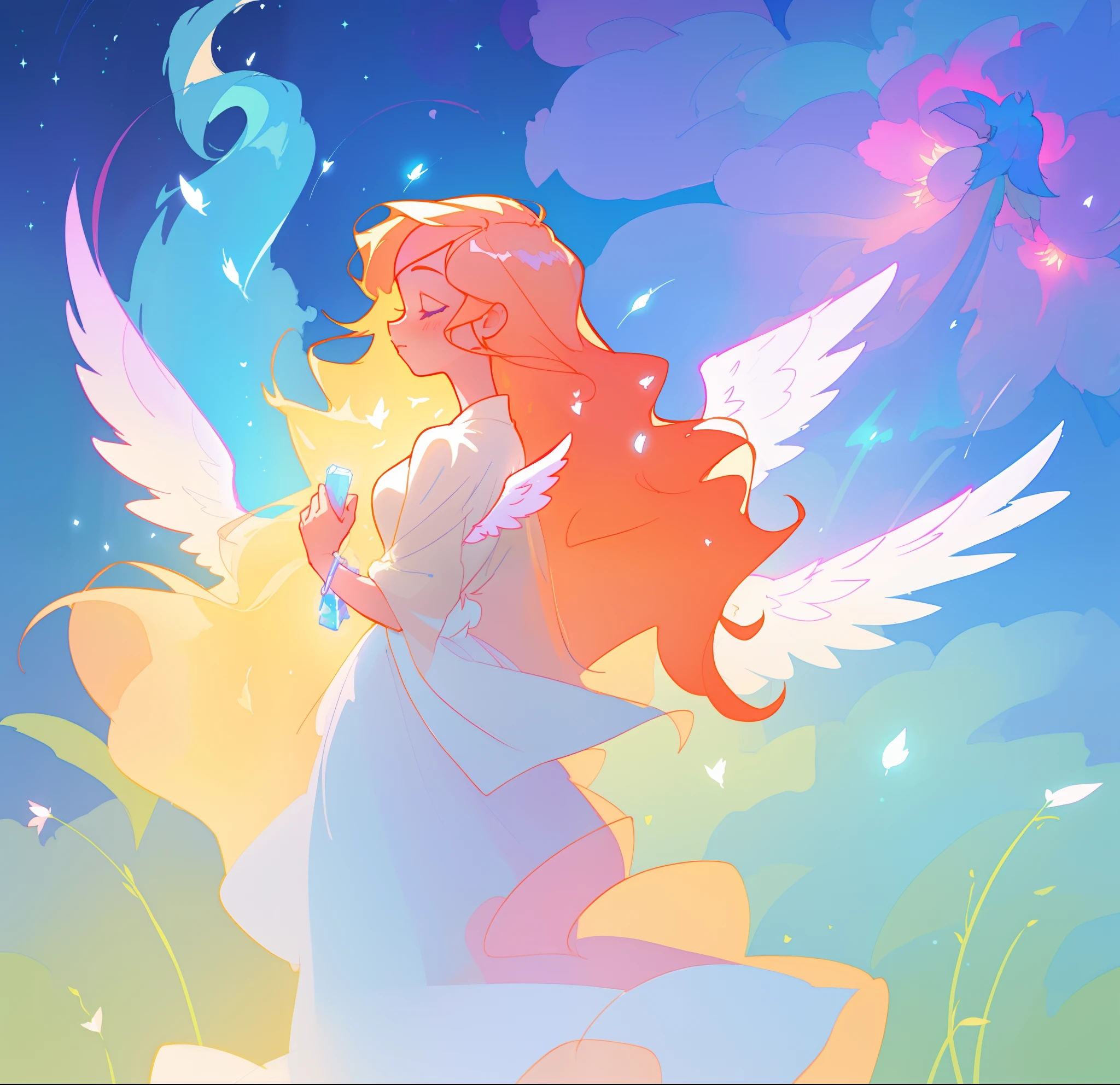 beautiful girl in flowing white dress, (glowing angel wings), glowing flowing ballgown, long wavy hair, sparkling angel wings, watercolor illustration, flowers and colorful plants, inspired by Glen Keane, inspired by Lois van Baarle, disney art style, by Lois van Baarle, glowing aura around her, by Glen Keane, jen bartel, glowing lights! digital painting, flowing glowing hair, glowing flowing hair, beautiful digital illustration, fantasia otherworldly landscape plants flowers, beautiful, masterpiece, best quality, anime disney style