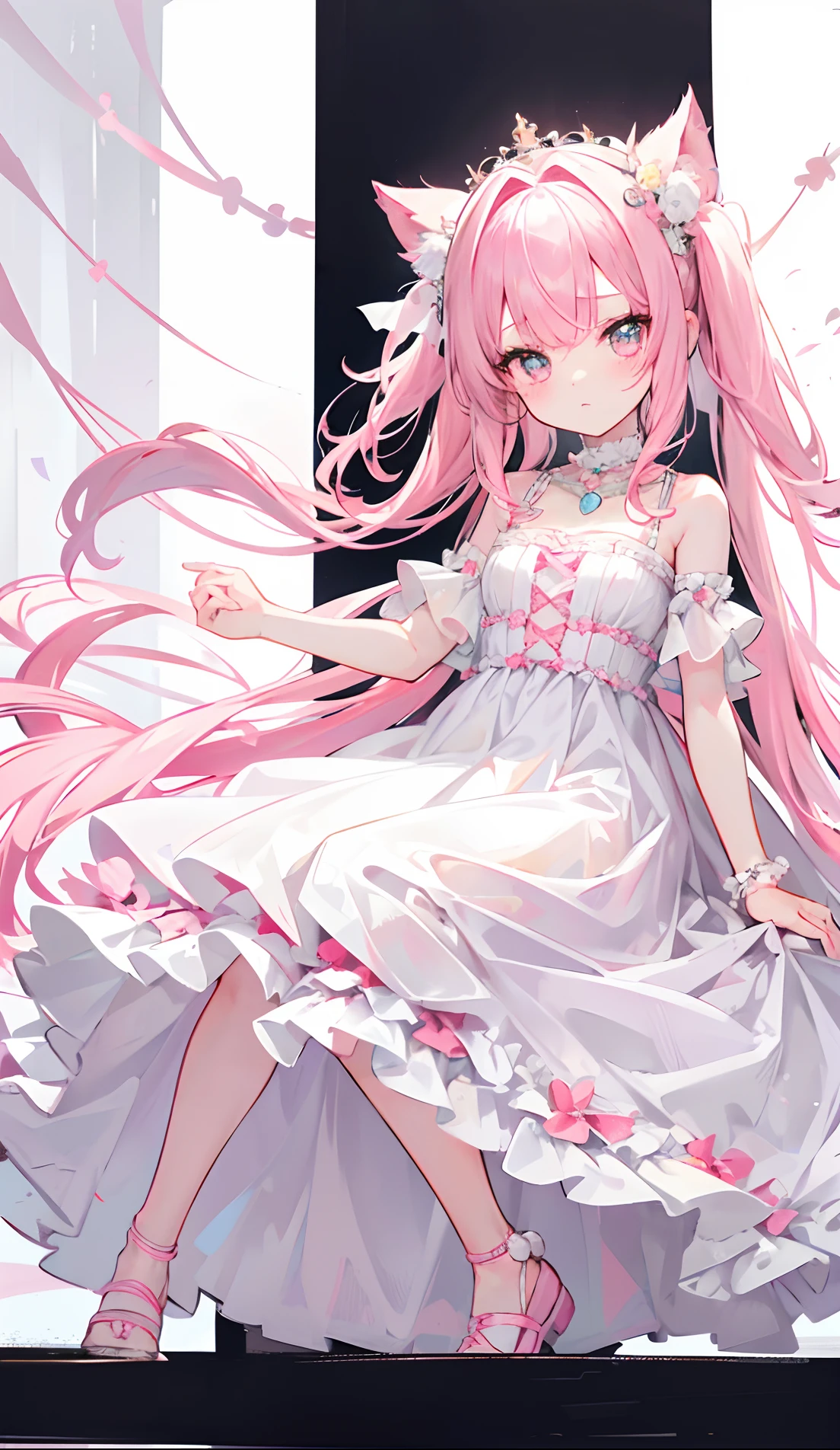 A pink-haired，Yellow pupil，White and looming，Clothes similar to wedding dresses，The dress is decorated with a lot of pink bows，Pair it with a dazzling silver necklace，is a cute, Sweet and cute li girl