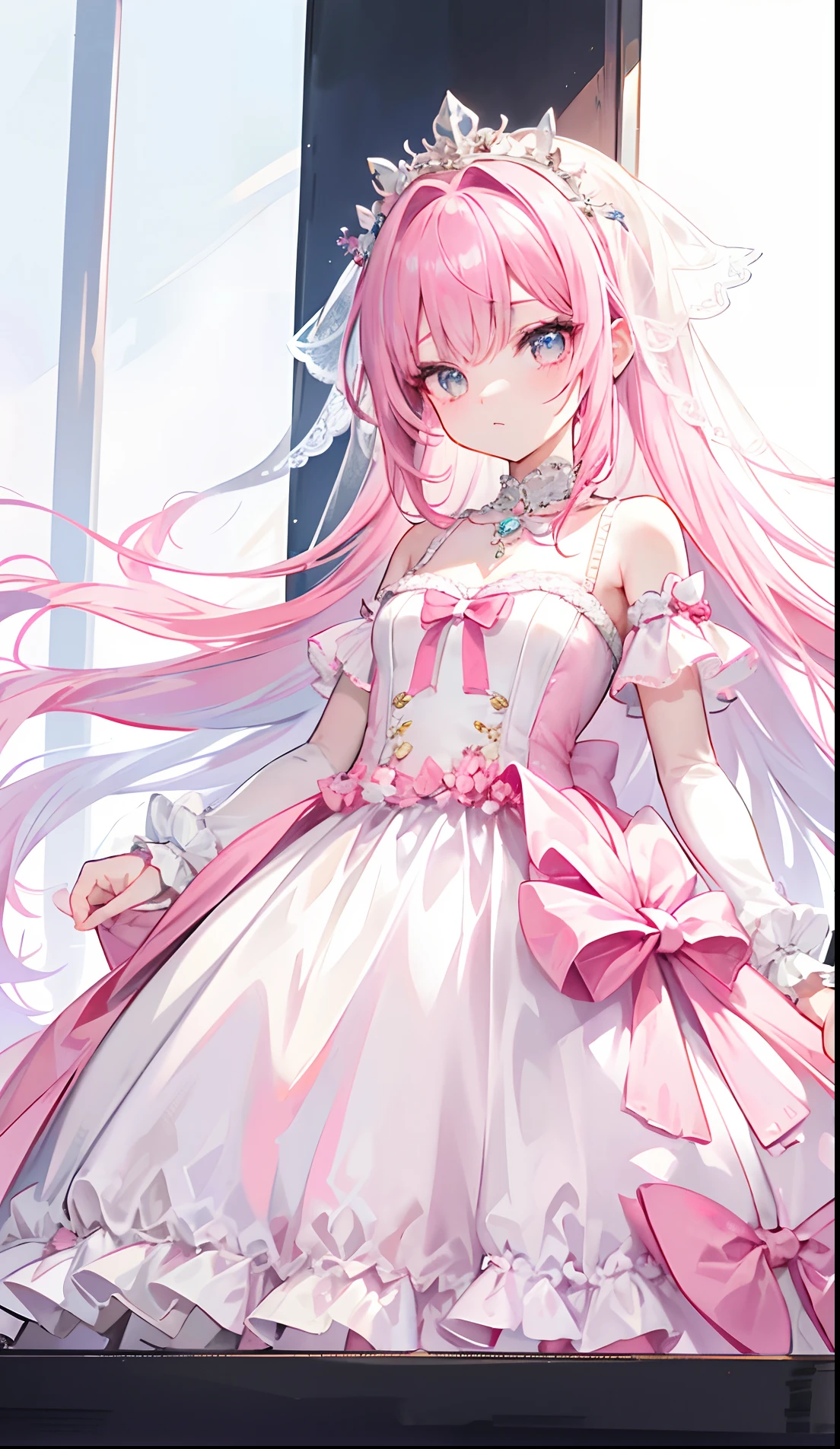 A pink-haired，Yellow pupil，White and looming，Clothes similar to wedding dresses，The dress is decorated with a lot of pink bows，Pair it with a dazzling silver necklace，is a cute, Sweet and cute little loli girl