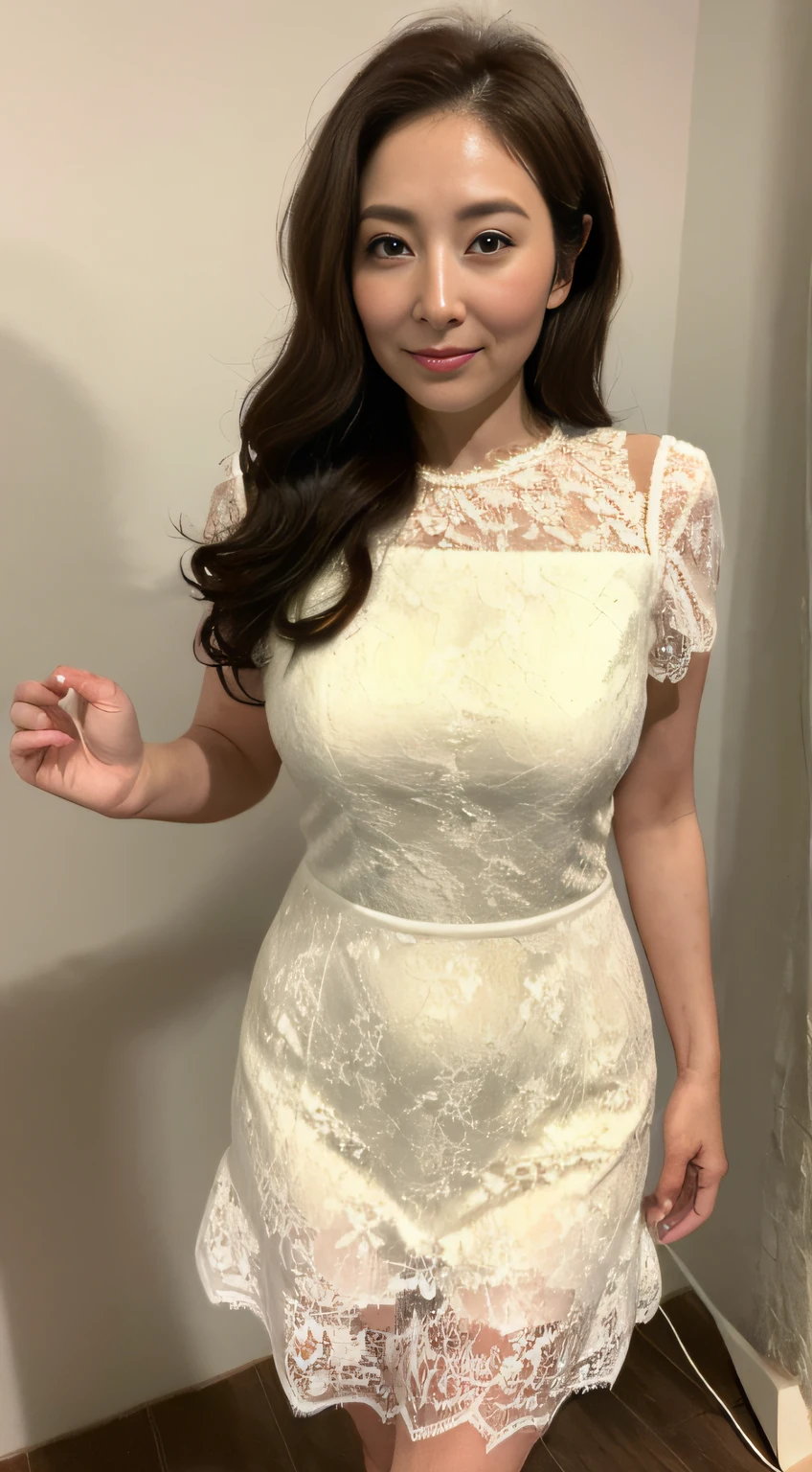 ((midynight, Need, 8K, tmasterpiece:1.3)), full bodyesbian, Long legs, Focalors:1.2, perfect figure beautiful woman:1.4, ((Dark brown hair)), ( White lace dress,Scallop-shaped hem, standing on your feet:1.2), ((sobu)), Highly detailed facial and skin texture, A detailed eye, 二重まぶた,Beauty,Wavy hair, Wrinkles at the corners of the eyes, to emphasize, ,(Big breasted 1.2),aged 40, Wrinkled eyes,