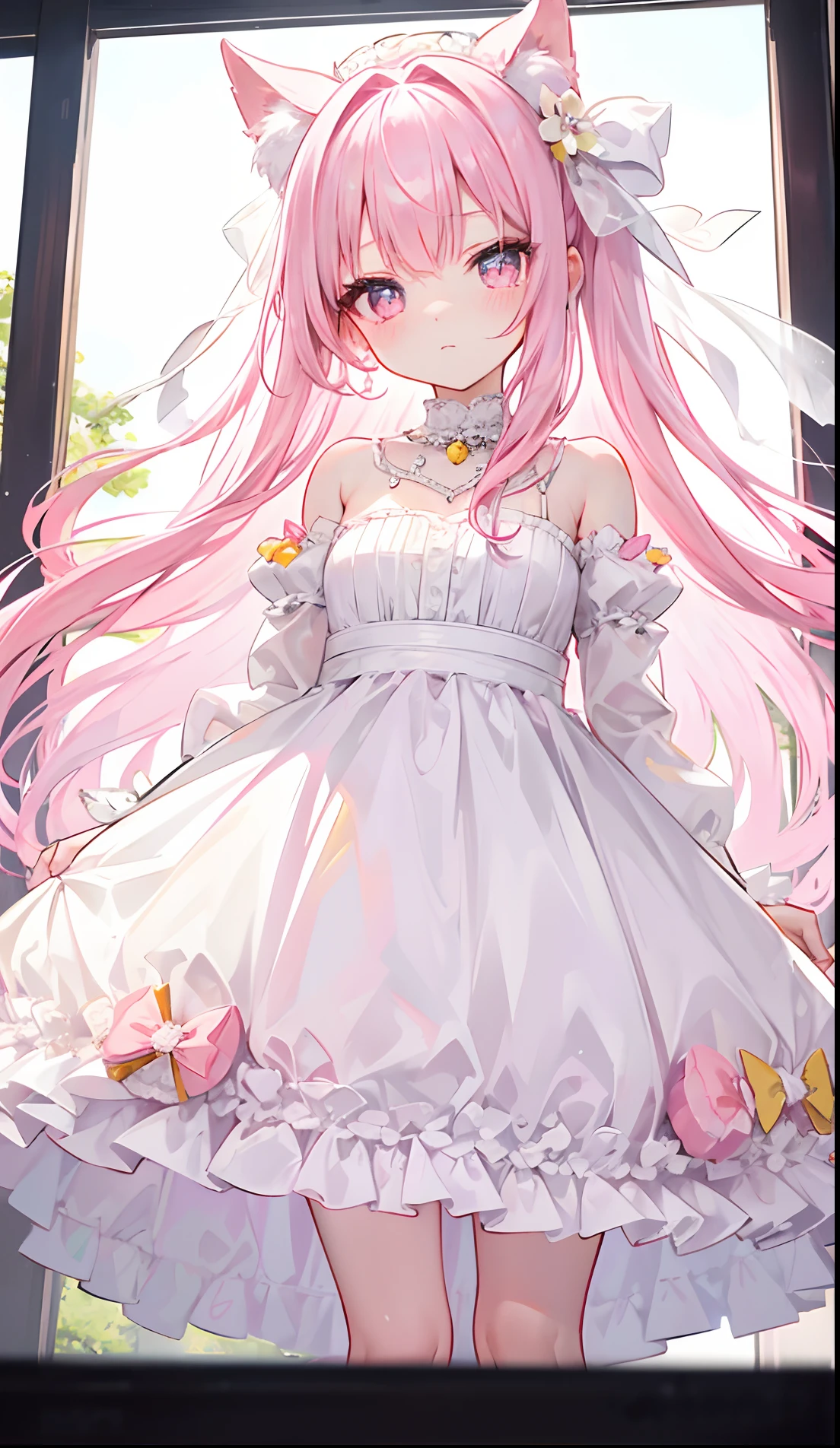 A pink-haired，Yellow pupil，White and looming，Clothes similar to wedding dresses，The dress is decorated with a lot of pink bows，Pair it with a dazzling silver necklace，is a cute, Sweet and cute li girl