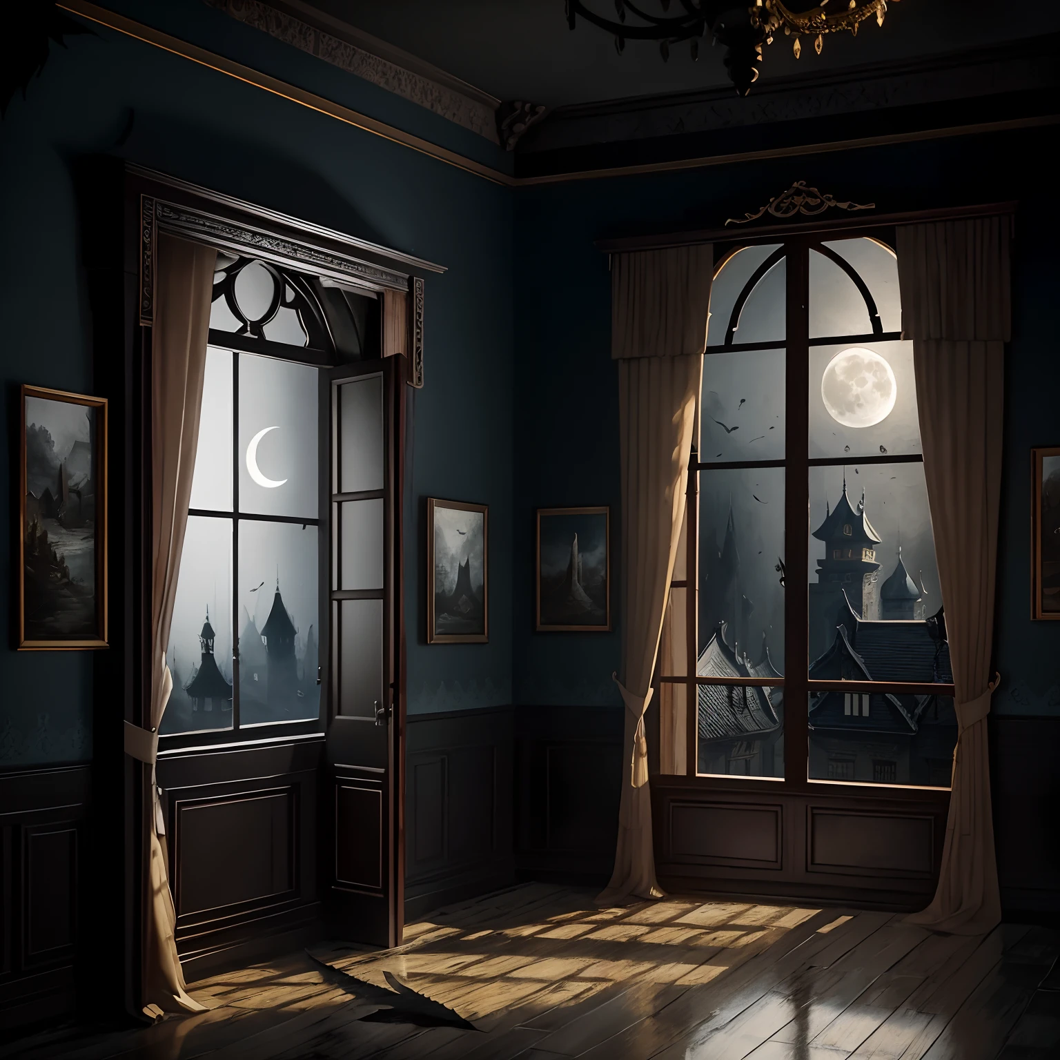 Dim and eerie castle rooms,The walls of the room are covered with beautiful oil paintings。These paintings are、It depicts various scenes,From the window you can see the eerie moon、Black feathers seem to fall on the floor、The room hasn't been used for years and is old and damaged
