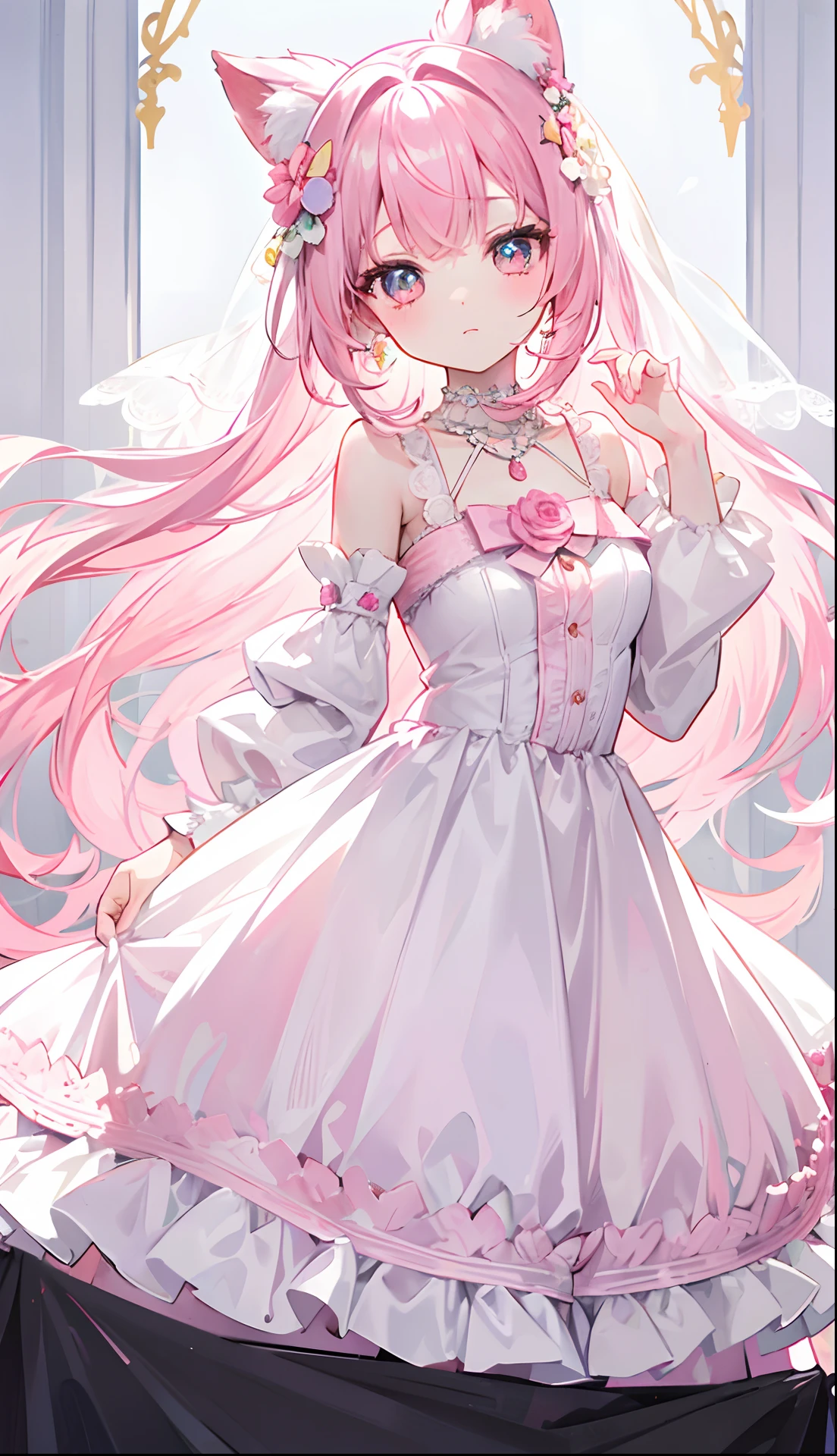 A pink-haired，Yellow pupil，White and looming，Clothes similar to wedding dresses，The dress is decorated with a lot of pink bows，With a dazzling silver necklace，is a cute, sweet and cute li girl