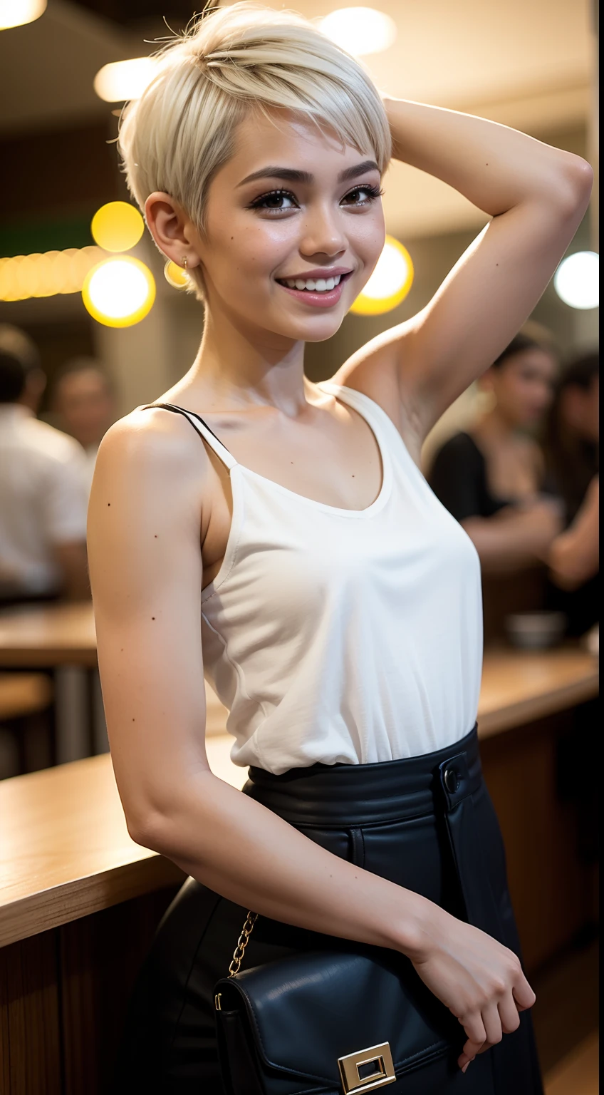 Malay girl, very short white hair, pixie cut hair, wear Artsy style outfit, laughing and posing with hand on head, touching her own head, wear handbag, from back view, windy, detail skin, age spot, detail skin texture, mole below eyes, small breast, flat chest, wide hips, small waists, thick thighs, slim abs, beautiful body, nighttime, laughing, happy, bright lighting, crowded cafe, blur background, bokeh,
