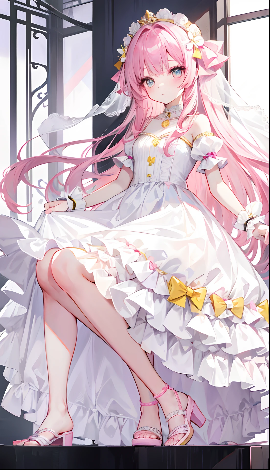 A pink-haired，Yellow pupil，White and looming，Clothes similar to wedding dresses，The dress is decorated with a lot of pink bows，With a dazzling silver necklace，is a cute, sweet and cute little loli girl