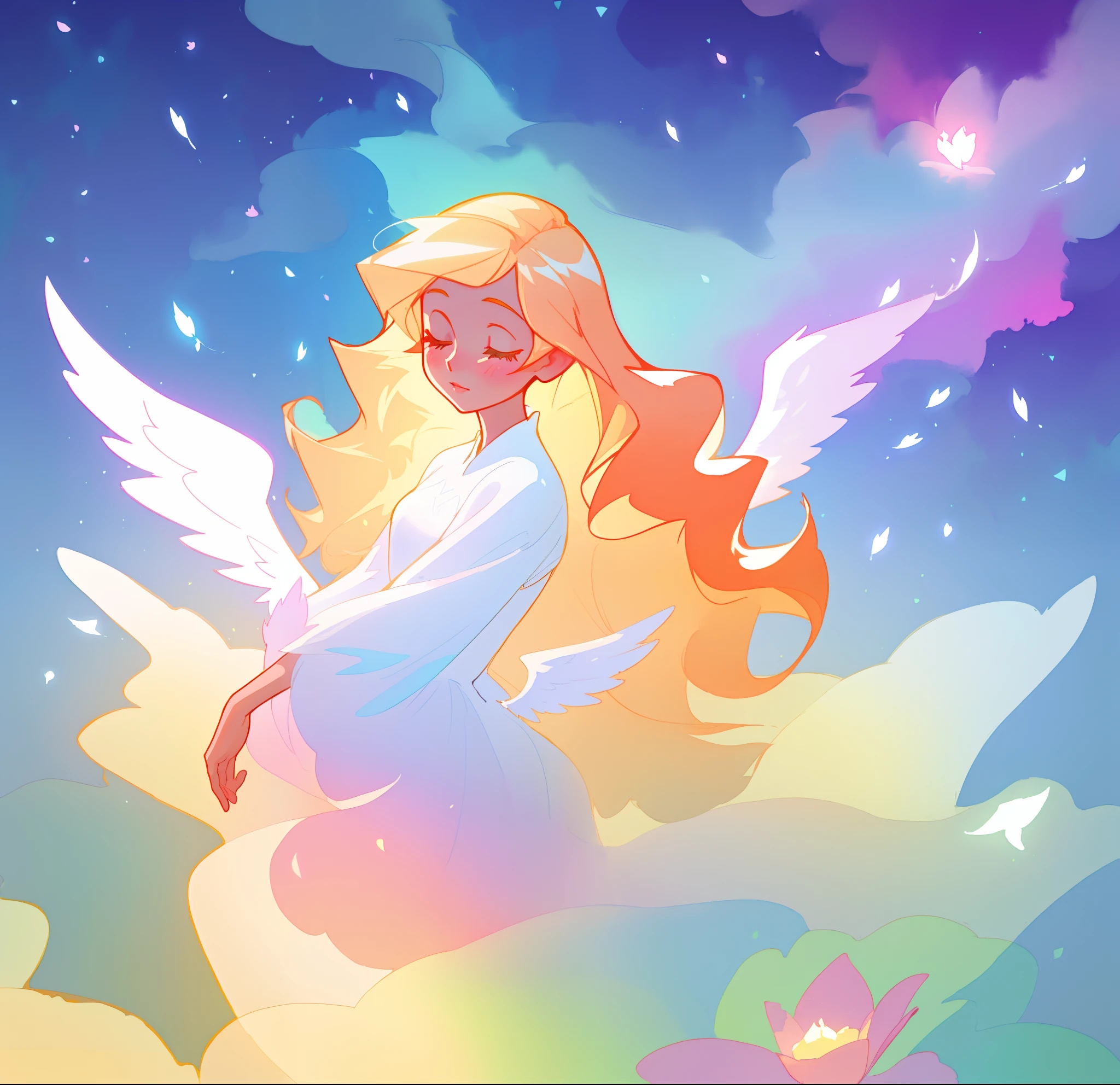 beautiful girl in flowing white dress, (glowing angel wings), glowing flowing ballgown, long wavy hair, sparkling angel wings, watercolor illustration, flowers and colorful plants, inspired by Glen Keane, inspired by Lois van Baarle, disney art style, by Lois van Baarle, glowing aura around her, by Glen Keane, jen bartel, glowing lights! digital painting, flowing glowing hair, glowing flowing hair, beautiful digital illustration, fantasia otherworldly landscape plants flowers, beautiful, masterpiece, best quality, anime disney style