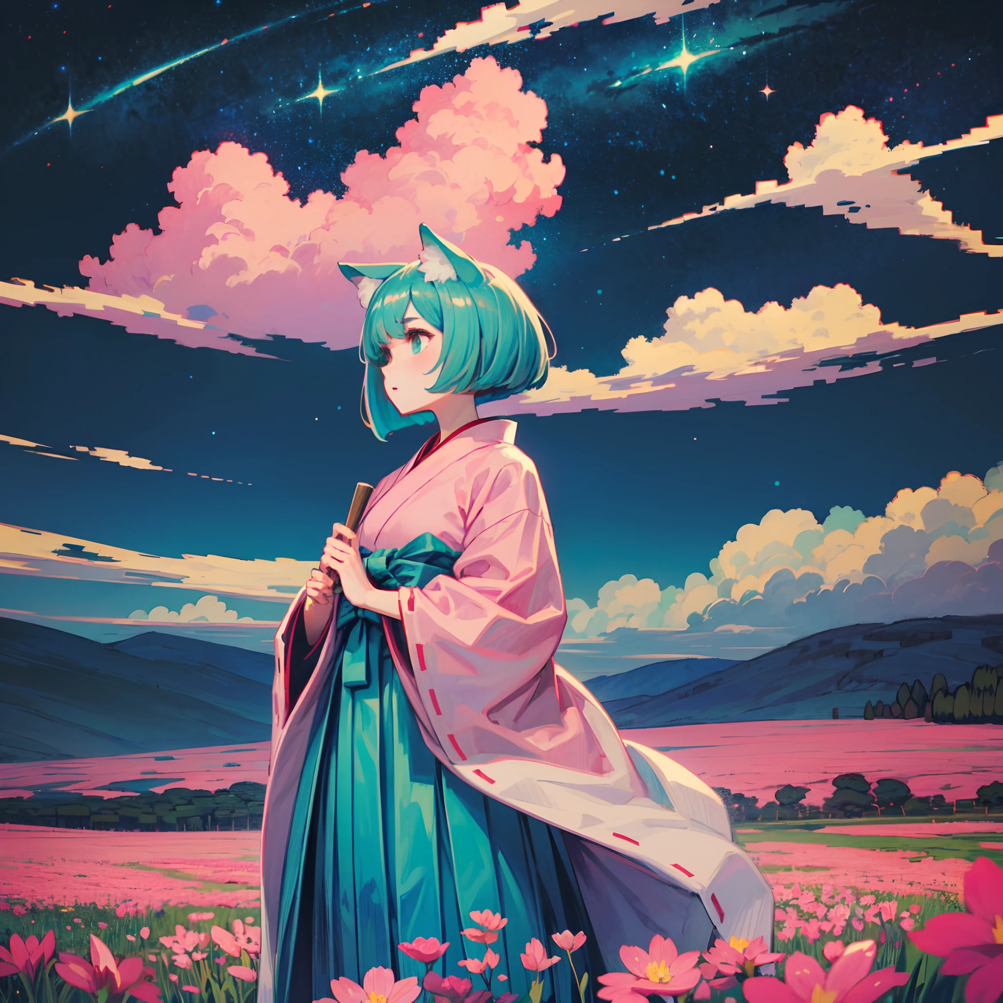 ((in the style of pixel art)), 16-bit, a wide landscape photo, (viewed from below, the ((dark starry night sky)) is above, and the open meadow is below), (pink clouds: 0.5), 1girl, ((nekomimi)), a distant ((catgirl wearing a miko hakama looking up)) is standing on the flower field, ((short turquoise hair in a wavy bob-cut)), pink highlights
