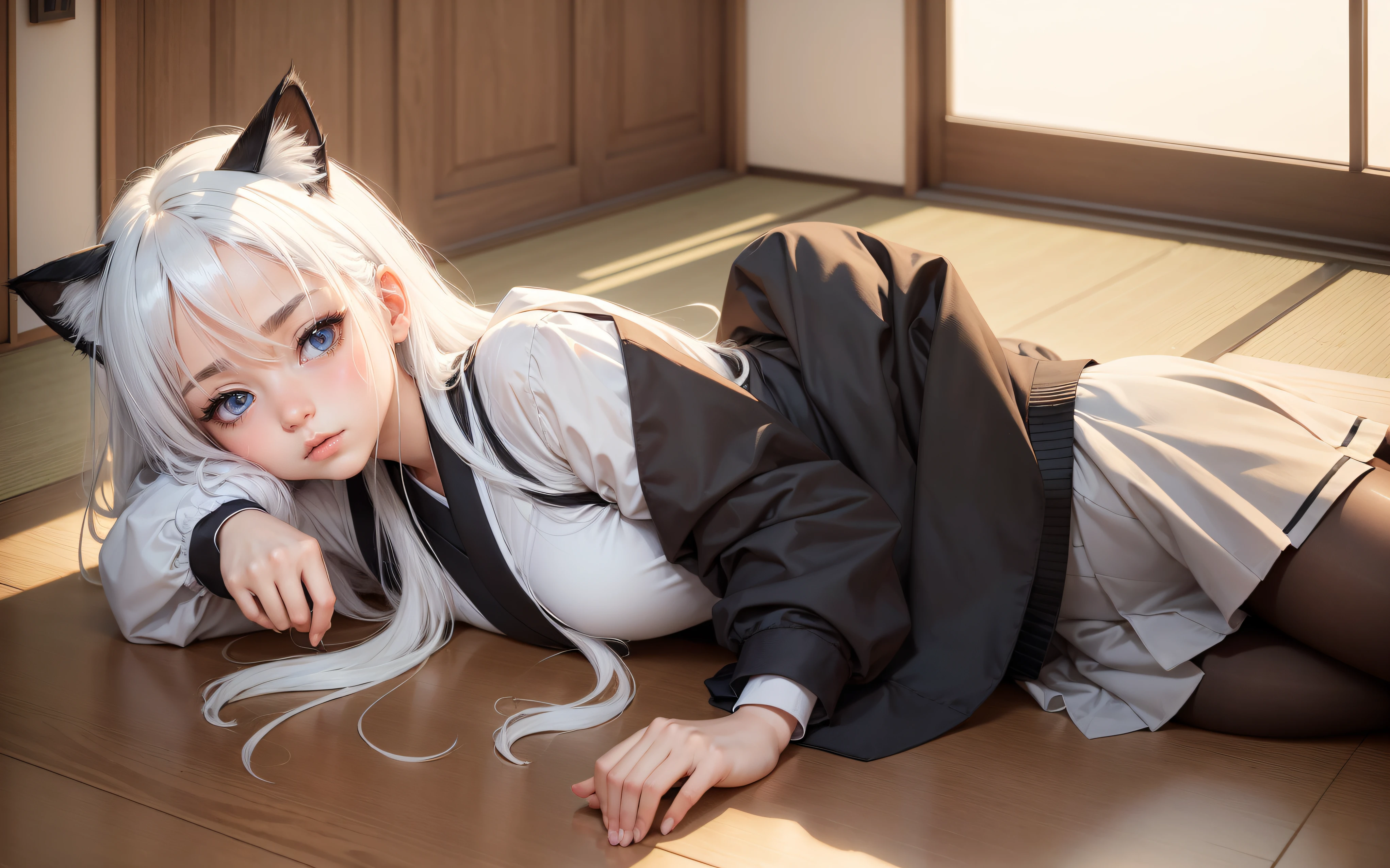 (masterpiece), best quality, expressive eyes, perfect face,(cat ears, cat girl, white hair, mid hair, 17 years old),
(School uniform, Japanese School Uniform), (Home View Background, Modern Japanese House)