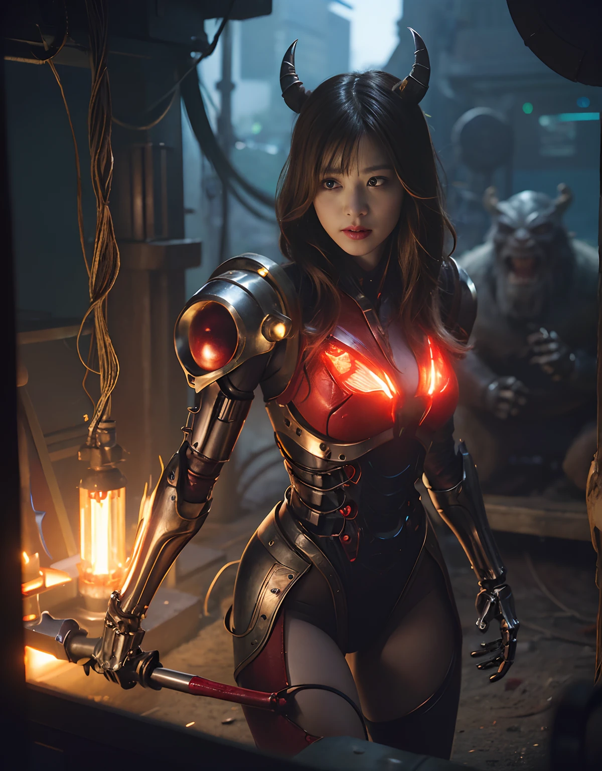 (1 Mechanical Girl)、top-quality、masterpiece、超A high resolution、(Photorealsitic:1.4)、Raw photo、女の子1人、Golden hair、glowy skin、(((1 Mechanical Girl)))、With a beautiful knife、(Blue Metal Bodysuit)、(beautiful forest background)、(Fighting Demonic Beasts)、(Small LED)、((super realistic details))、portlate、(Strong giant demon beast background),globalillumination、Shadow、octan render、8K、ultrasharp、Colossal tits、Raw skin is exposed in cleavage、metals、Details of complex ornaments、Japan details、highly intricate detail、Realistic light、CGSoation Trends、Red Eyes、radiant eyes、Facing the camera、neon details、(Mechanical limbs)、(blood vessels connected to tubes)、Mechanical vertebrae attached to the back、mechanical cervical attaching to neck、(Wires and cables connecting to the head)、Gundam、Small LED、,Mechanical thighs、Toostock、(Hands are also made of machines)、(Attack of the Monster Beasts)、(Wounded in a deadly battle)、