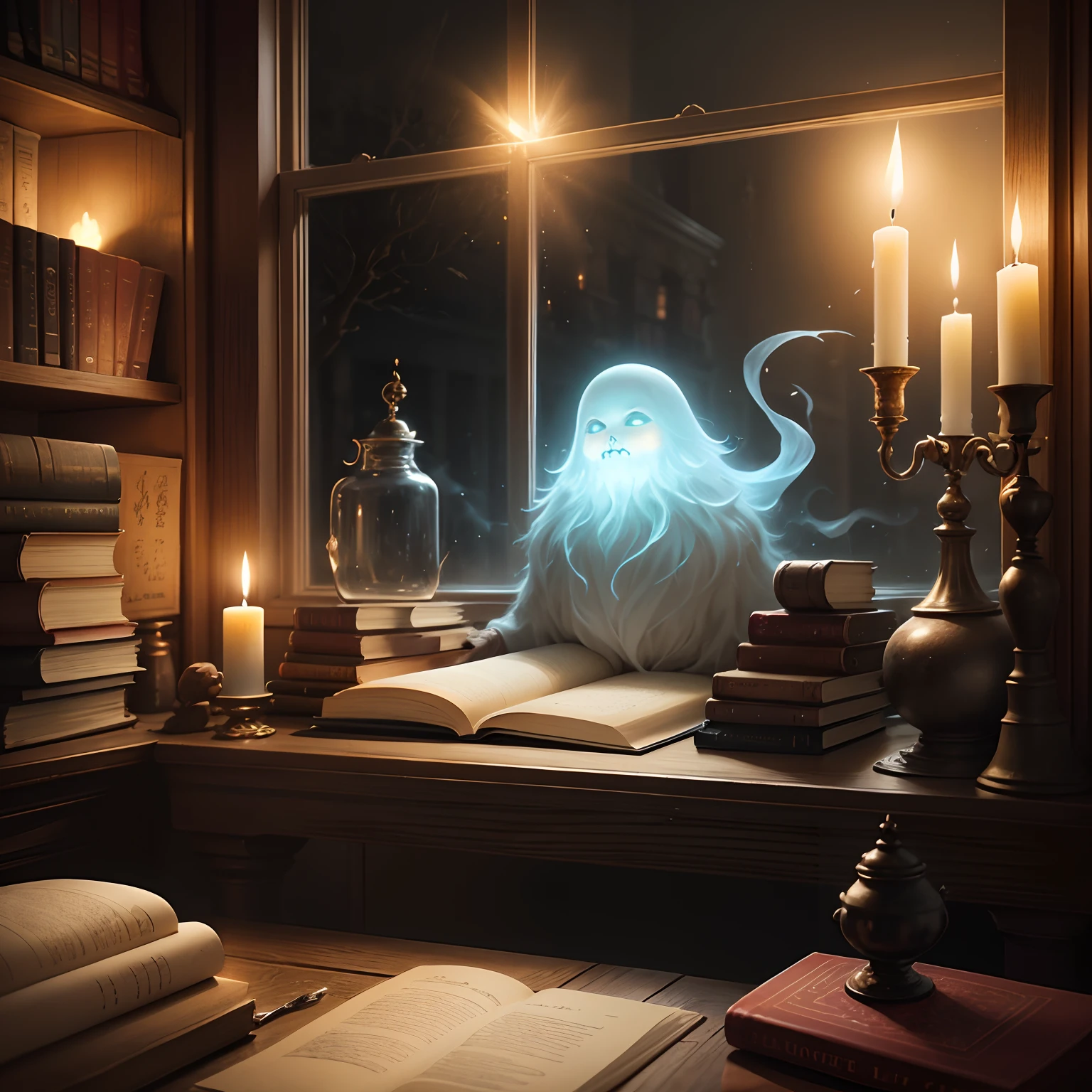 A table with many books by the window、Dark Fantasy Digital Art、Ghost oil painting with magic book、Pinterest on black background、Spell Potion、labo、Evil atmosphere、Dripping candles、dusty library、alchemy、Earth Magic、Hecat