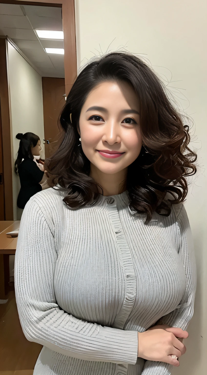 ((Best quality, 8K, Masterpiece, Portrait: 1.3)), (View viewers), Photorealism, Sharp focus, Solo, The Moro Islamic Liberation Front of Japan, Beauty,Wavy hair, Wrinkles at the corners of the eyes, to emphasize, ((Big breasts:1.3))),，30 years old, curlies, Wrinkled eyes, (Sweaters, standing on your feet:1.2),（（looking at viewert））